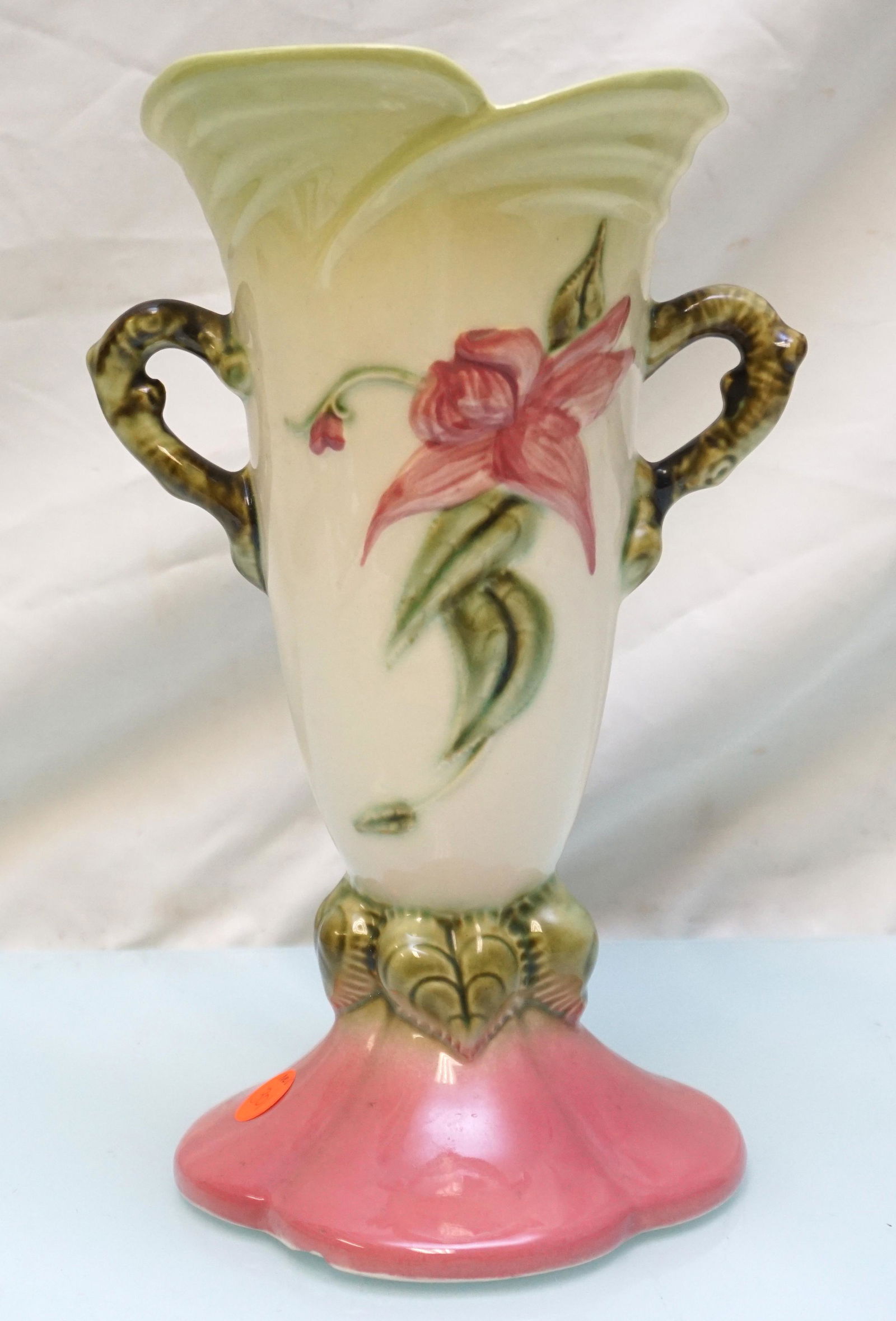 HULL WOODLAND HI GLOSS VASE W18: MCM Hull Woodland Hi-Gloss Vase - W18 10 1/2 - Pink and Green. Measures 7"x6"x11". Chip to underside. Weight 2 pds 8 oz. PROVENANCE: A Private Charleston SC Estate.