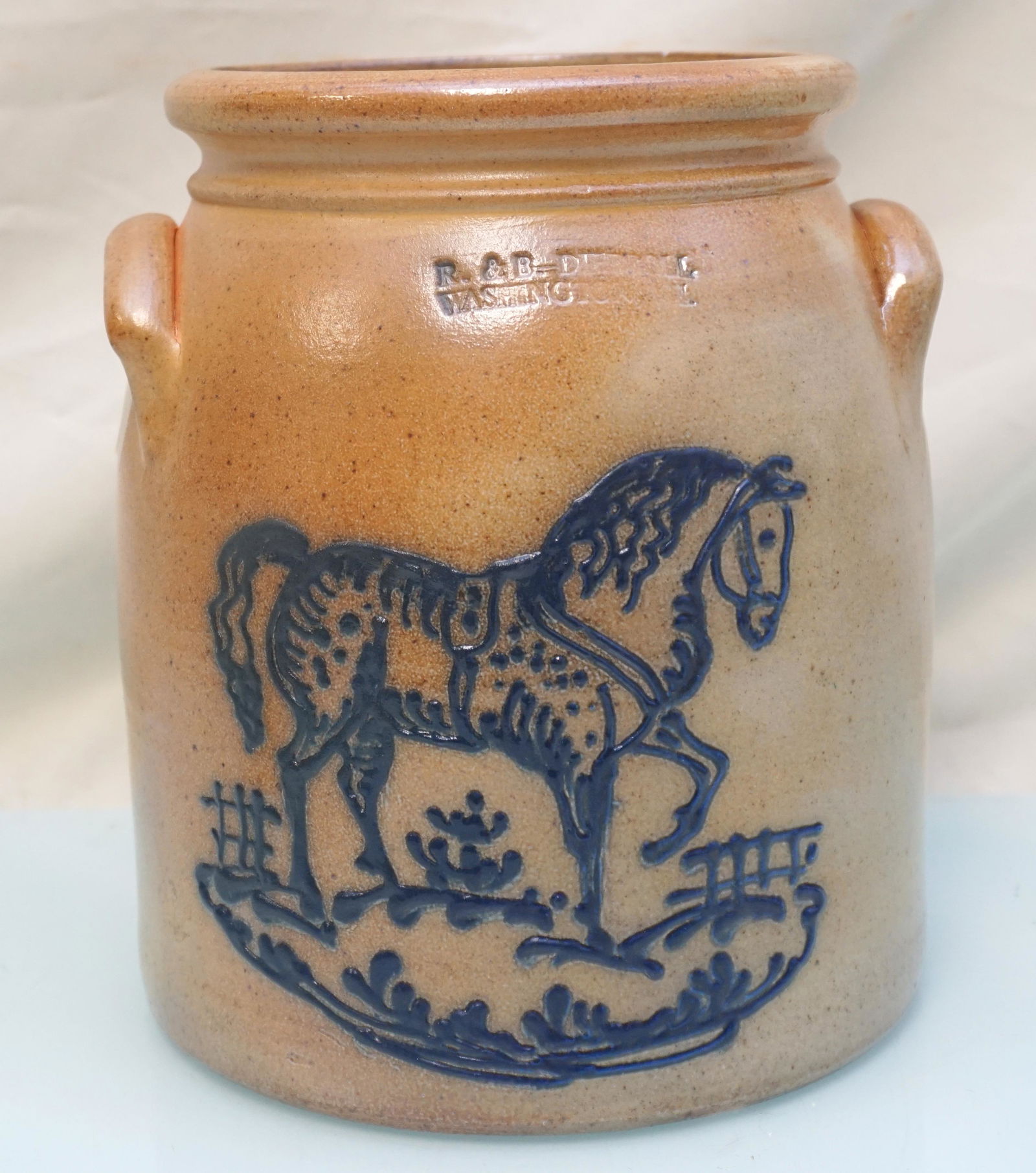 R & B DIEBBOLL STONEWARE CROCK COBALT HORSE (1 of 5)