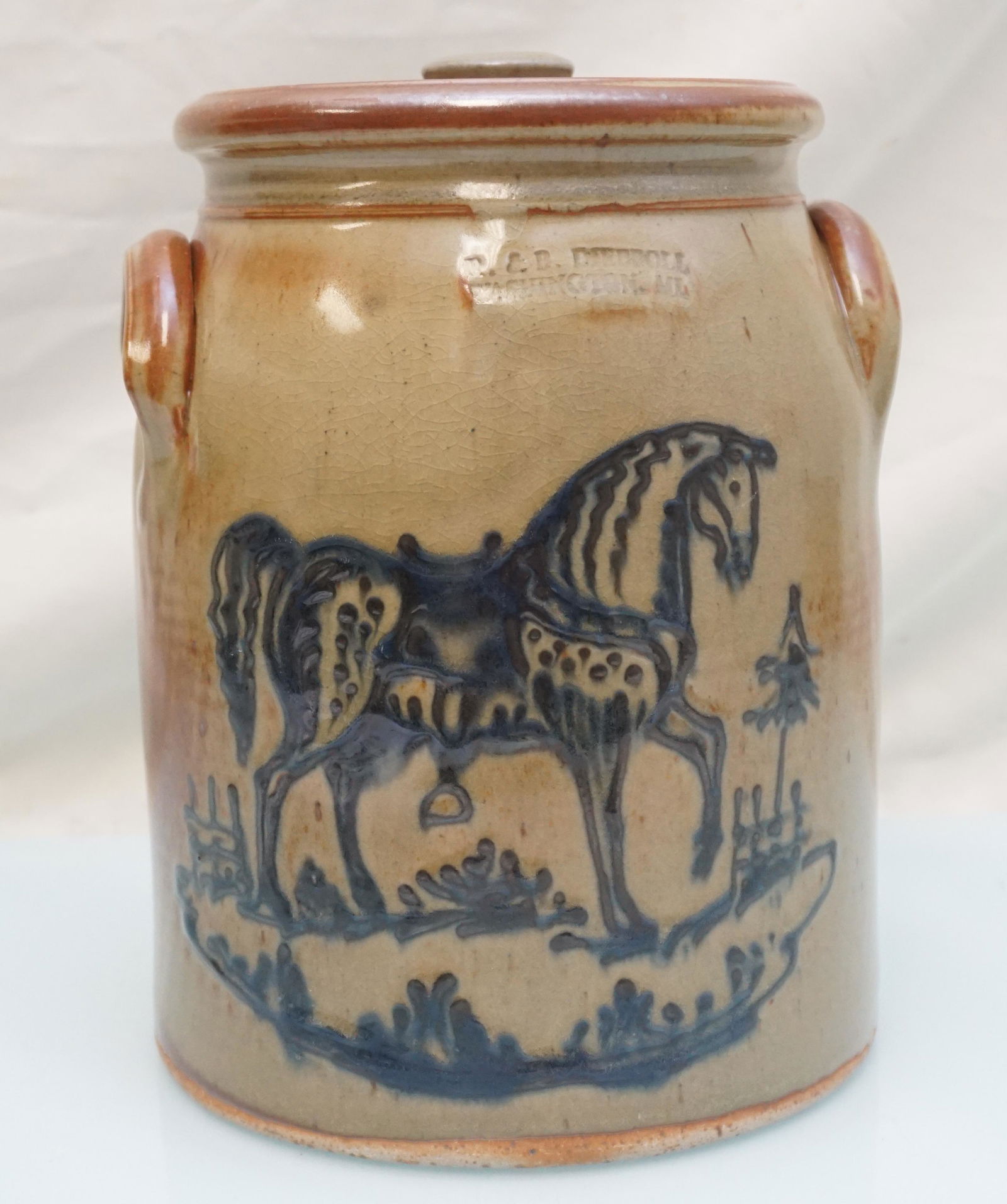 R & B DIEBBOLL STONEWARE CROCK COBALT HORSE (1 of 8)