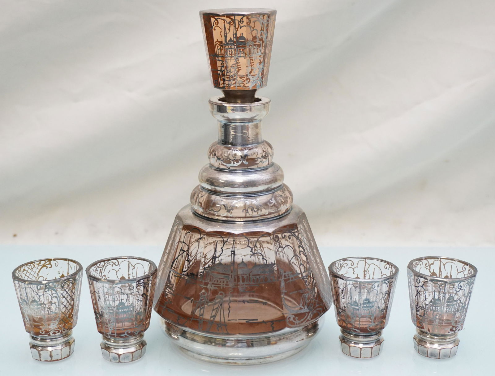 5 pc MCM SILVER OVERLAY AMBER DECANTER & GLASSES (1 of 10)