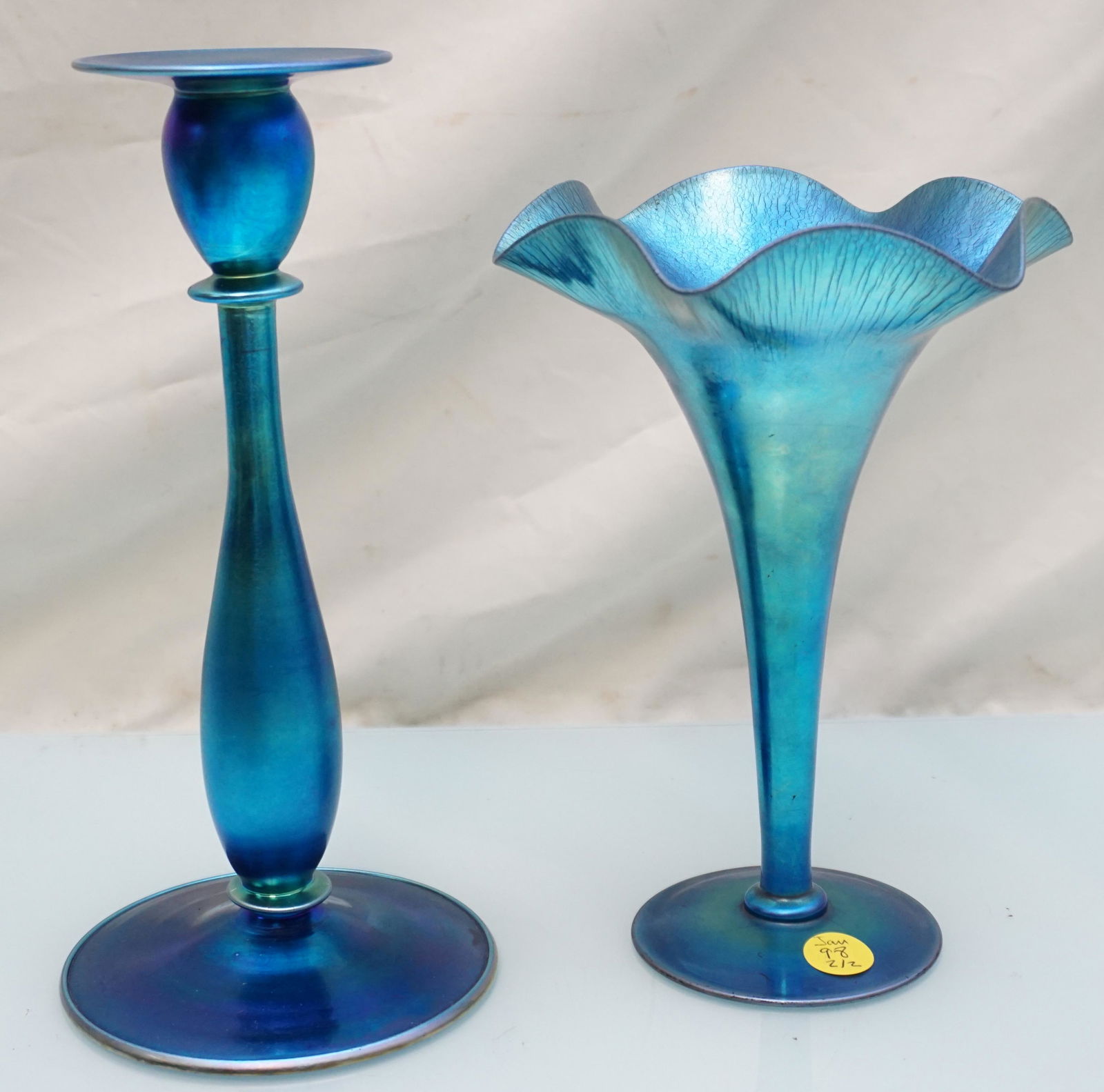 2PC CARDER STEUBEN BLUE AURENE CANDLESTICK & VASE #346 (1 of 7)