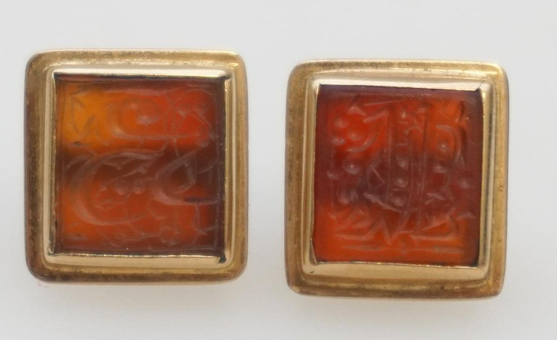 18K PERSIAN INTAGLIO CARNELIAN EARRINGS: 18k Persian Islamic Carnelian Intaglio Earrings. 1/2". PROVENANCE: A Private Charleston SC Estate.