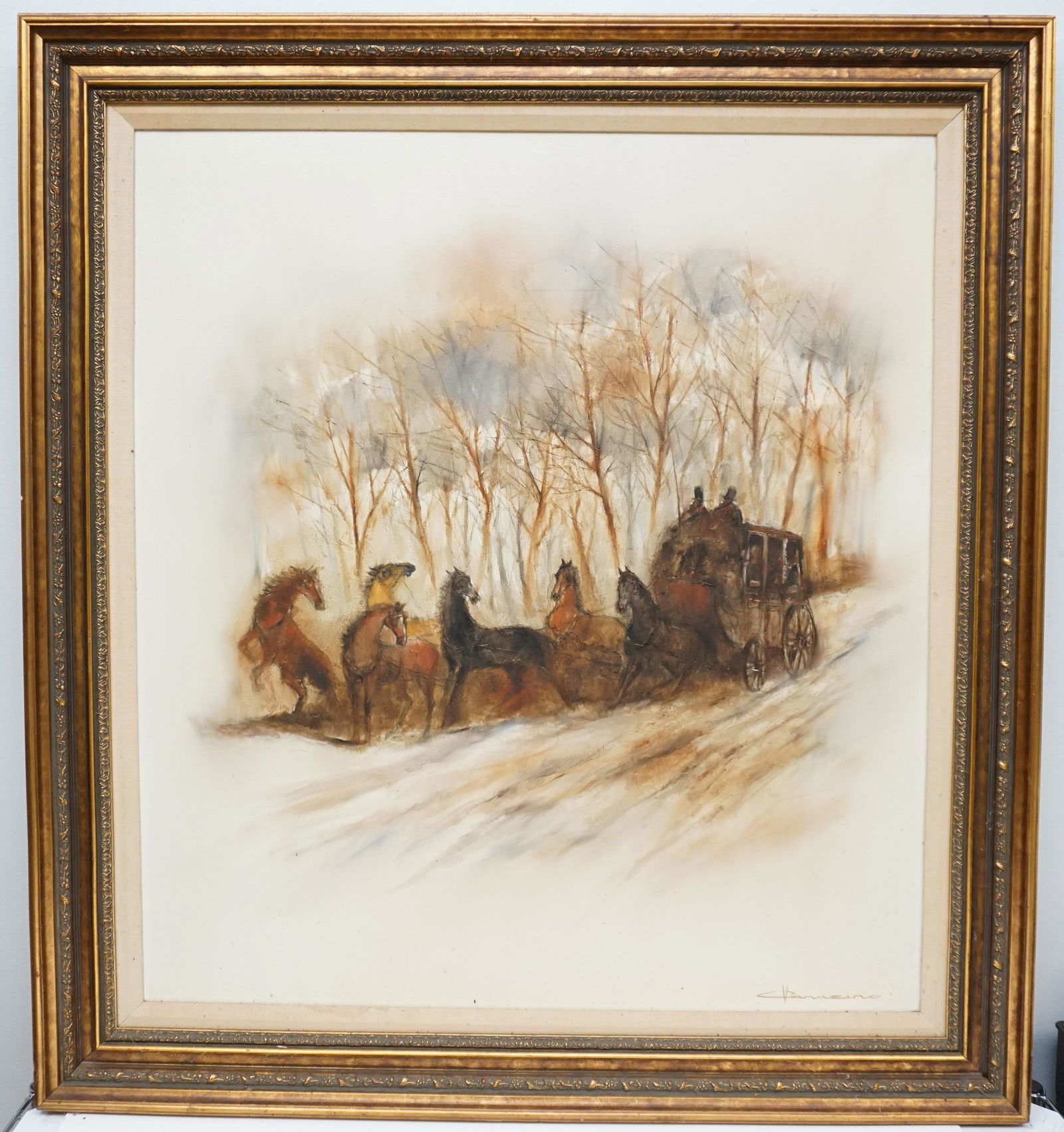 ORIGINAL MID CENTURY CARNEIRO (1927-2005): Original Vicente Carneiro (Brazilian, 1927-2005) Large Mid Century Oil Painting on Canvas. Coach. The painting features a mid century palette of black, browns and grays, signed lower right. .Very Good