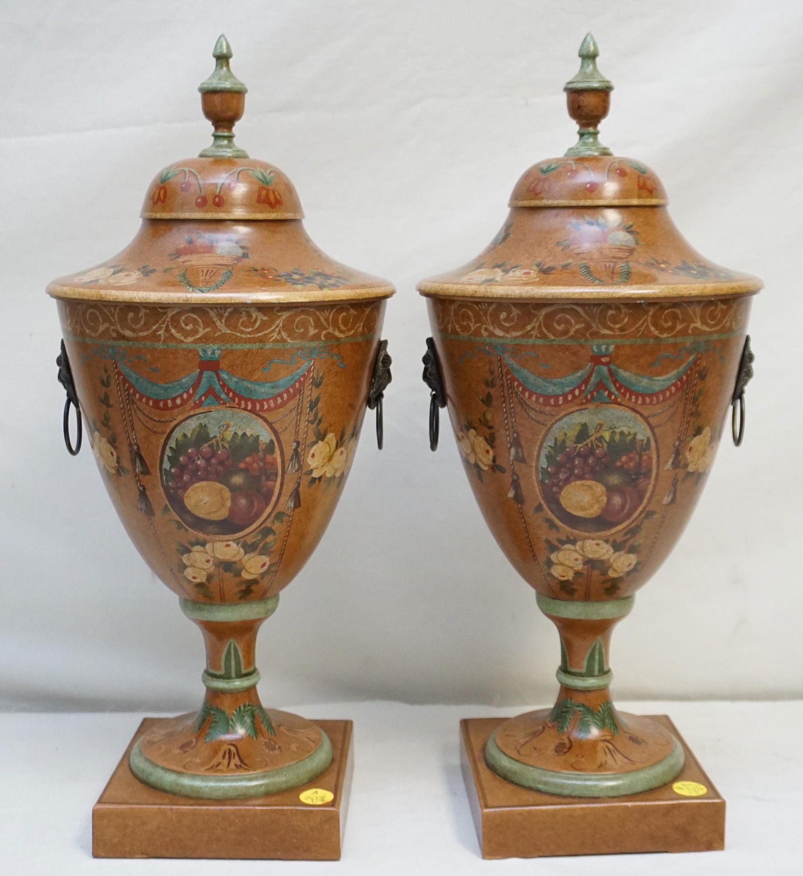 PAIR HAND PAINTED TOLE CHESTNUT URNS (1 of 13)