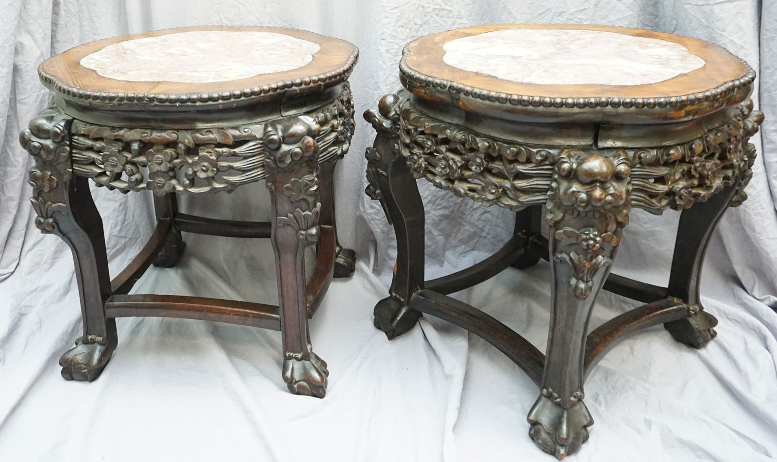 PAIR ANTIQUE CHINESE CARVED MARBLE TOP TABLES (1 of 8)