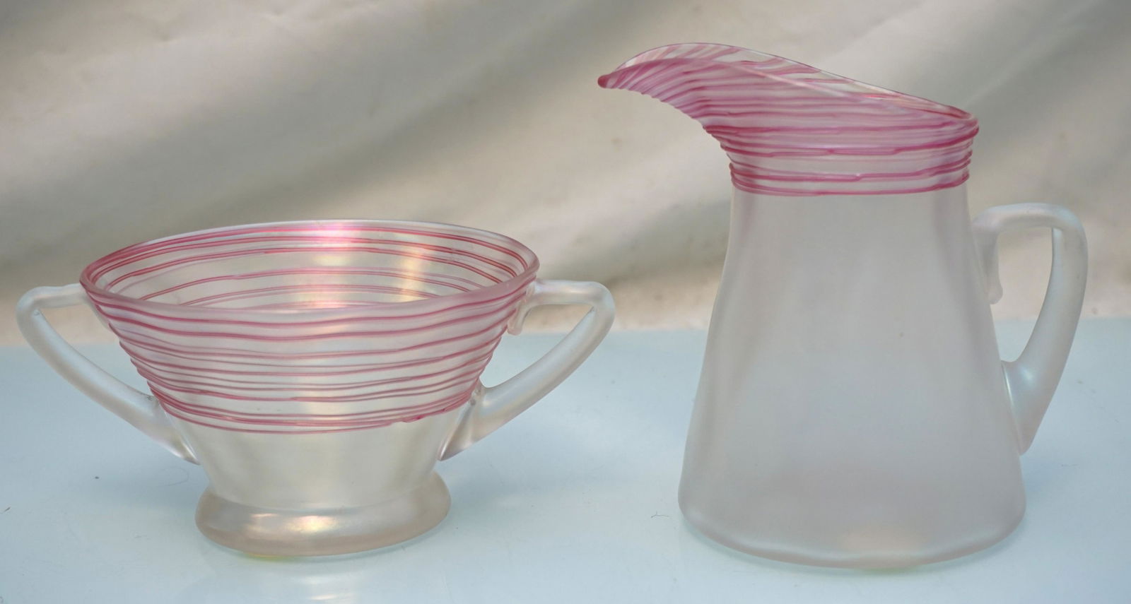 2 PC CREAM & SUGAR STEUBEN VERRE de SOIE w ROSE THREADING (1 of 9)