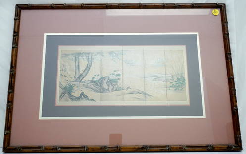 KANO SANRAKU WOODBLOCK EXHIBITION PRINT: Kano Sanraku Woodblock Exhibition Print. Sanraku Kano (1559-1635) was a painter of the Kano School from the Azuchi-Momoyama Period (from 1573) to the early Edo Period (from 1603). In Bamboo Frame. In