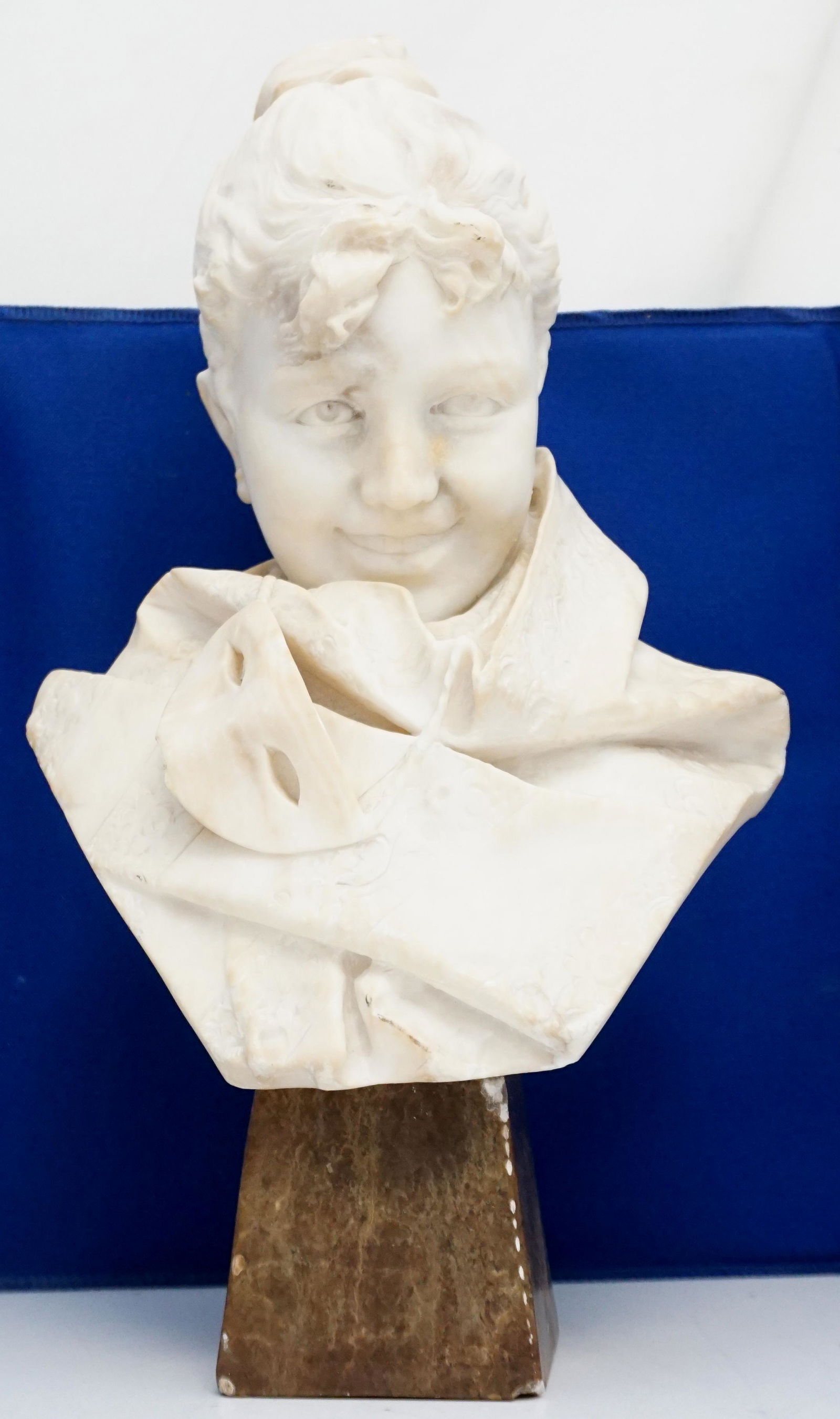 ANTIQUE ITALIAN ALABASTER SCULPTURE: Antique Italian Hand Carved Alabaster Sculpture of a young lady with masquerade mask. Measures 12"x7"x19". Weight 34 pds. PROVENANCE: A Private Charleston SC Estate. NO IN HOUSE SHIPPING. *******Picku