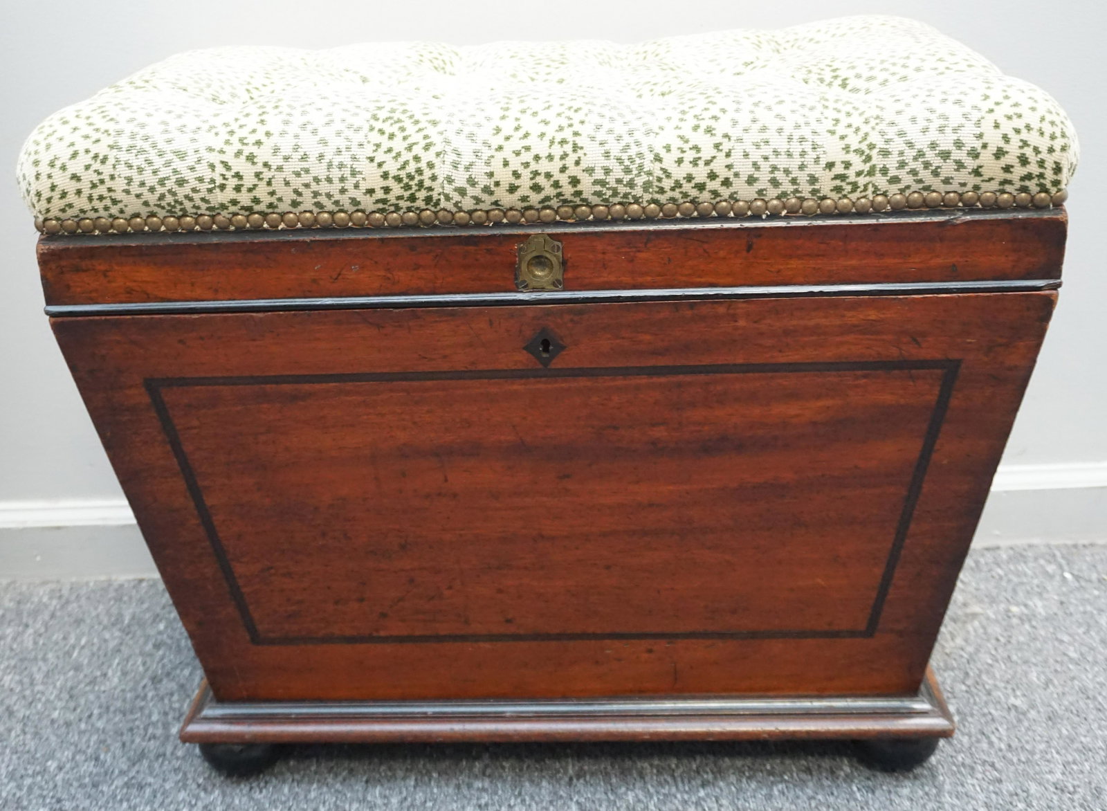 LARGE ENGLISH REGENCY CELLARETTE: 19th Century Large English Regency Mahogany Sarcophagus Wine Cellarette. Upholstered padded tufted top, can be used as a ottoman or bench. Measures 24"x13"x20". Purchased at MacHumble Antiques, Bradfo
