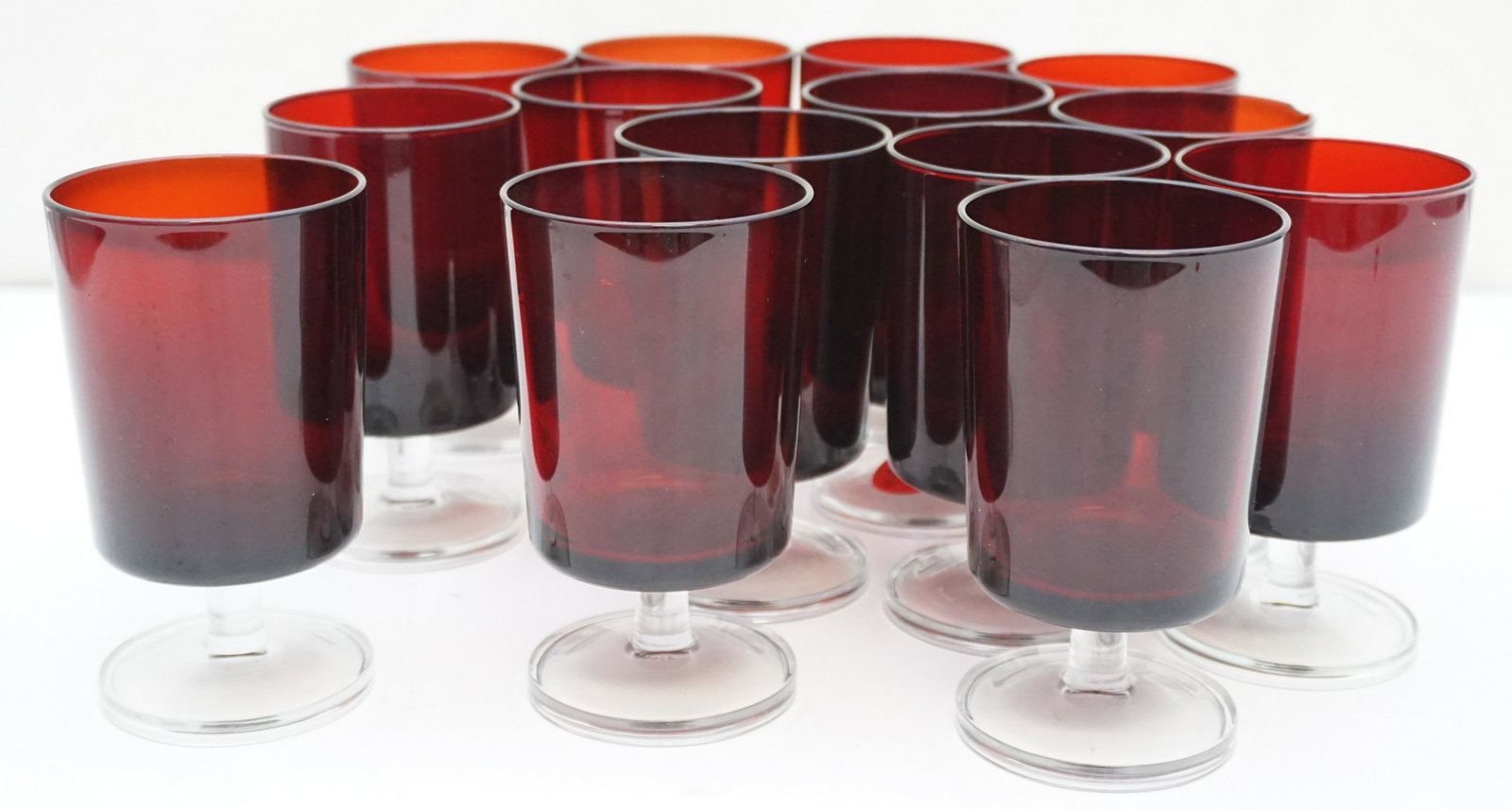 14 FRENCH LUMINARC RUBY RED GLASSES: 14 Vintage Ruby Red Luminarc Wine Goblets. Each 3"x5". Weight 6 pds. PROVENANCE: A Private Charleston SC Estate. NO IN HOUSE SHIPPING. *******Pickup or Shipping on this item offered through, UPS (843)