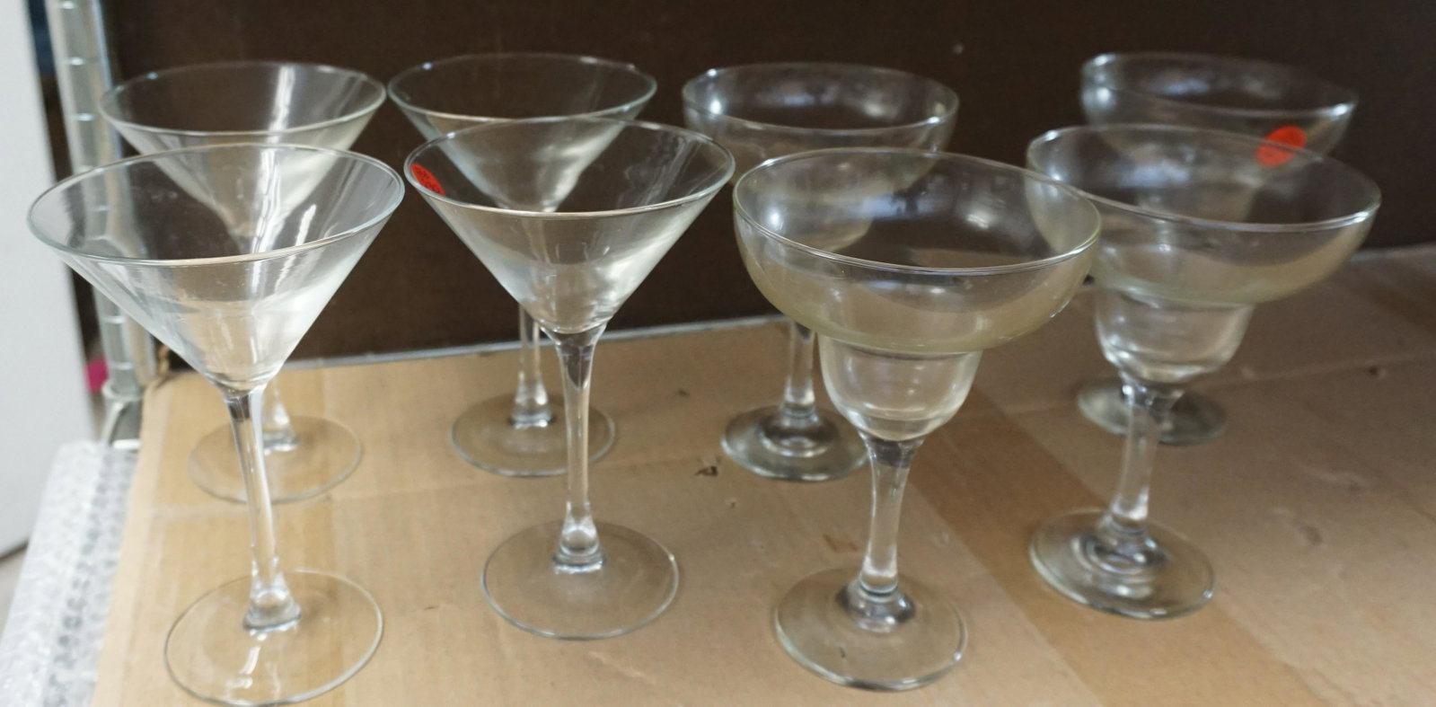 8 COLONY GLASS MARTINI & MARGARITA GLASSES: 4 Colony Glass Made in Turkey 4 Martinis 4 1/4"x7 and 4 Margaritas 4 3/4"x6 1/2". Weight 3 pds 3 oz. PROVENANCE: A Private Charleston SC Estate.