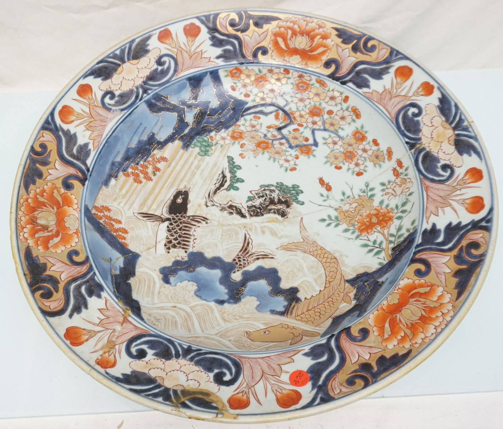 LARGE ANTIQUE IMARI CHARGER W STAPLED REPAIR (1 of 9)