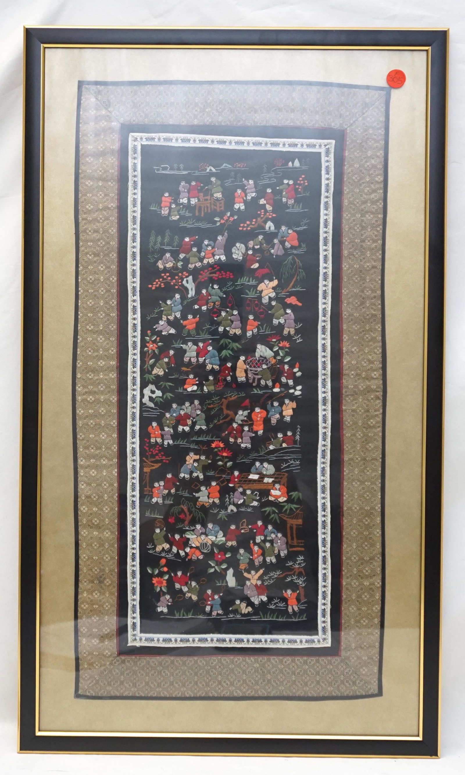 VINTAGE CHINESE CHILDREN SILK EMBROIDERY: Vintage Chinese Silk Embroidery of Children at Play. Professionally framed. In frame measures 30"x17"x1/2". Weight 6 pds. PROVENANCE: A Private Charleston SC Estate.