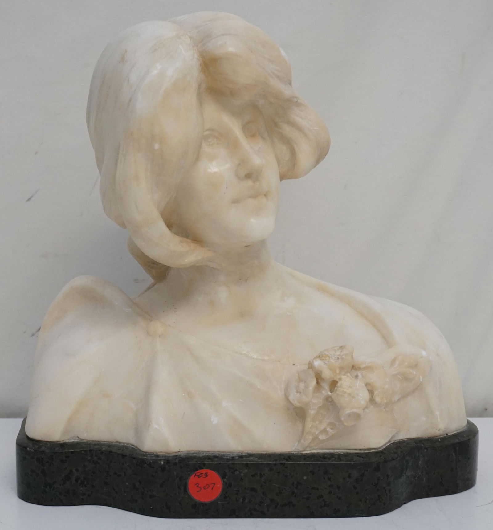 ART NOUVEAU ALABASTER LADY CARVING: Antique Art Nouveau Alabaster. Head has been repaired (glued) at neck. On marble base. Measures 11"x5"x11 1/2". Weight 24 pds. PROVENANCE: A Private Charleston SC Estate. NO IN HOUSE SHIPPING. *******