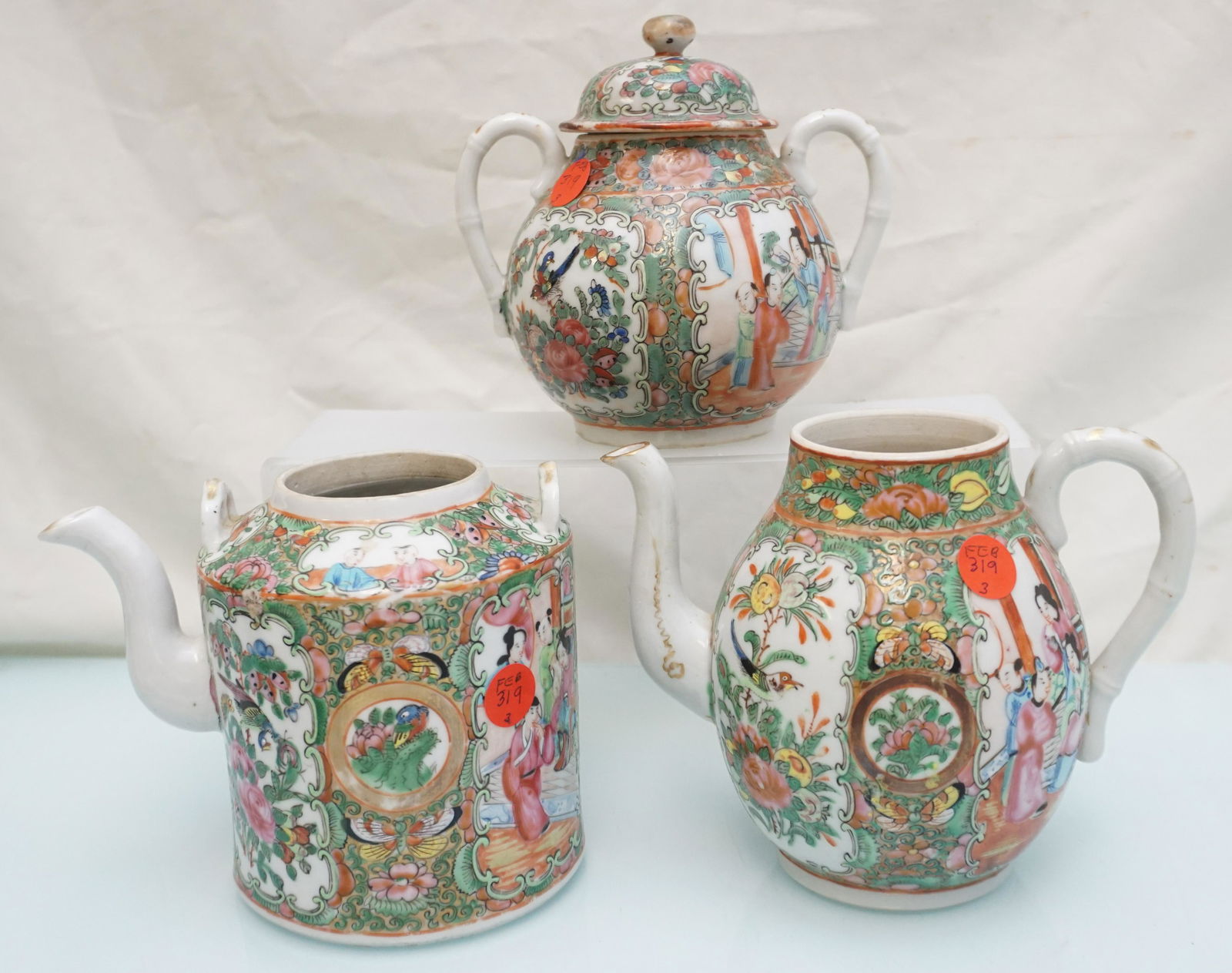 3 19th c ROSE MEDALLION TEAPOTS SUGAR (1 of 14)