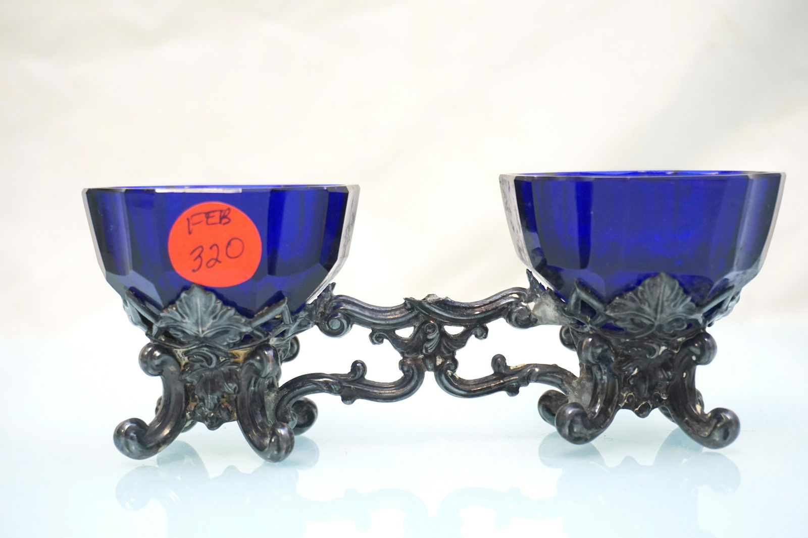 CUT COBALT GLASS DOUBLE SALT CELLAR (1 of 4)