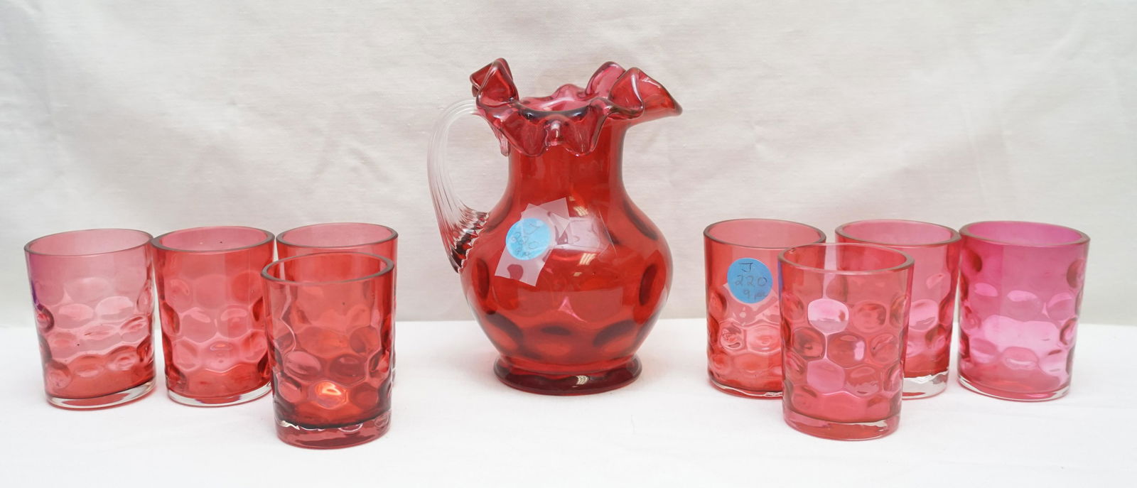 9 PC CRANBERRY COIN DOT JUG & CORDIALS (1 of 10)