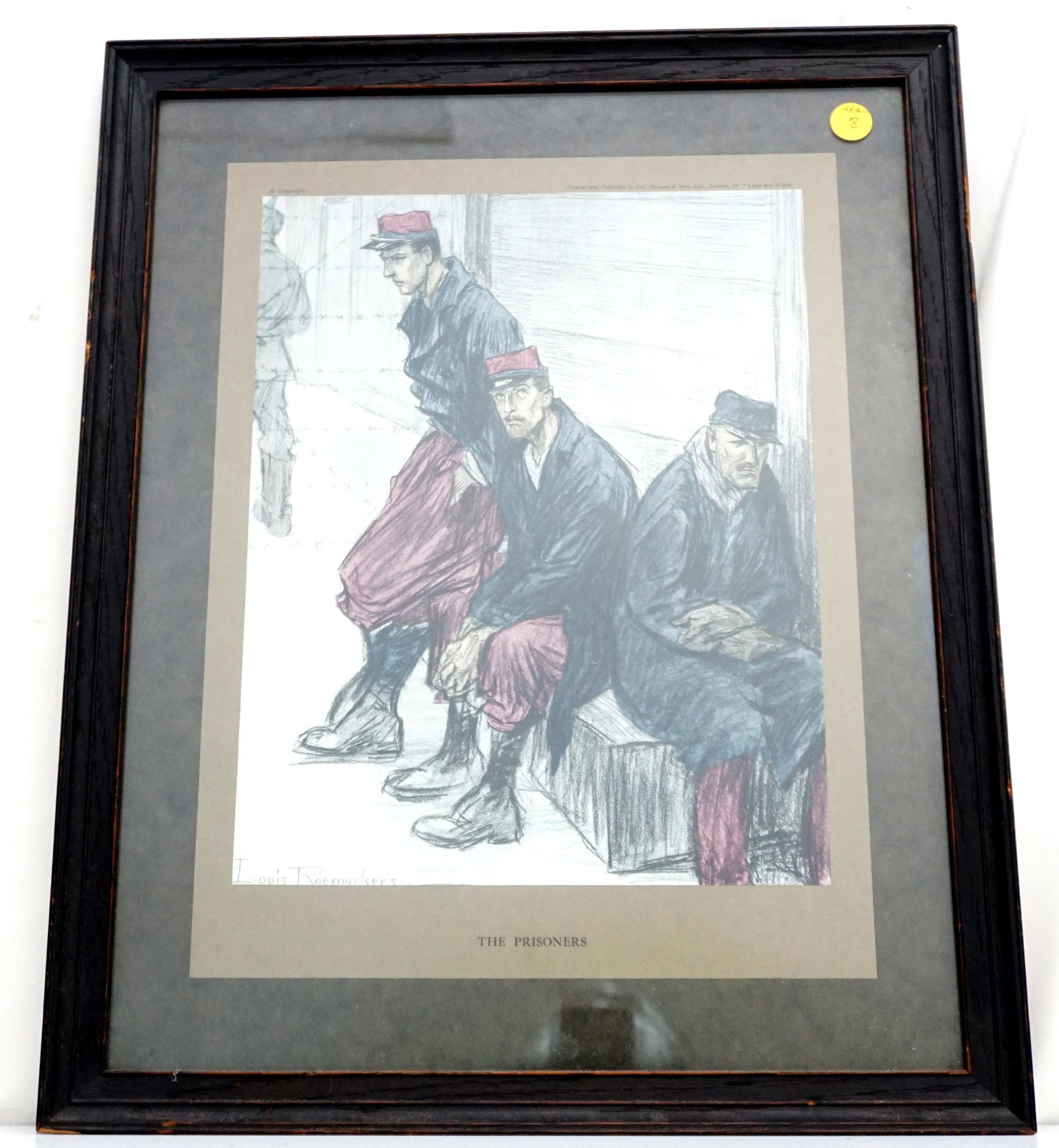 LOUIS RAEMAKERS FRENCH PRISONERS PRINT: Vintage World War One: three French prisoners of war slouching in a prison yard. Color halftone after a crayon drawing by L. Raemaekers (1869-1956). In frame 16"x20"x1". Weight 4 pds. PROVENANCE: A Pr