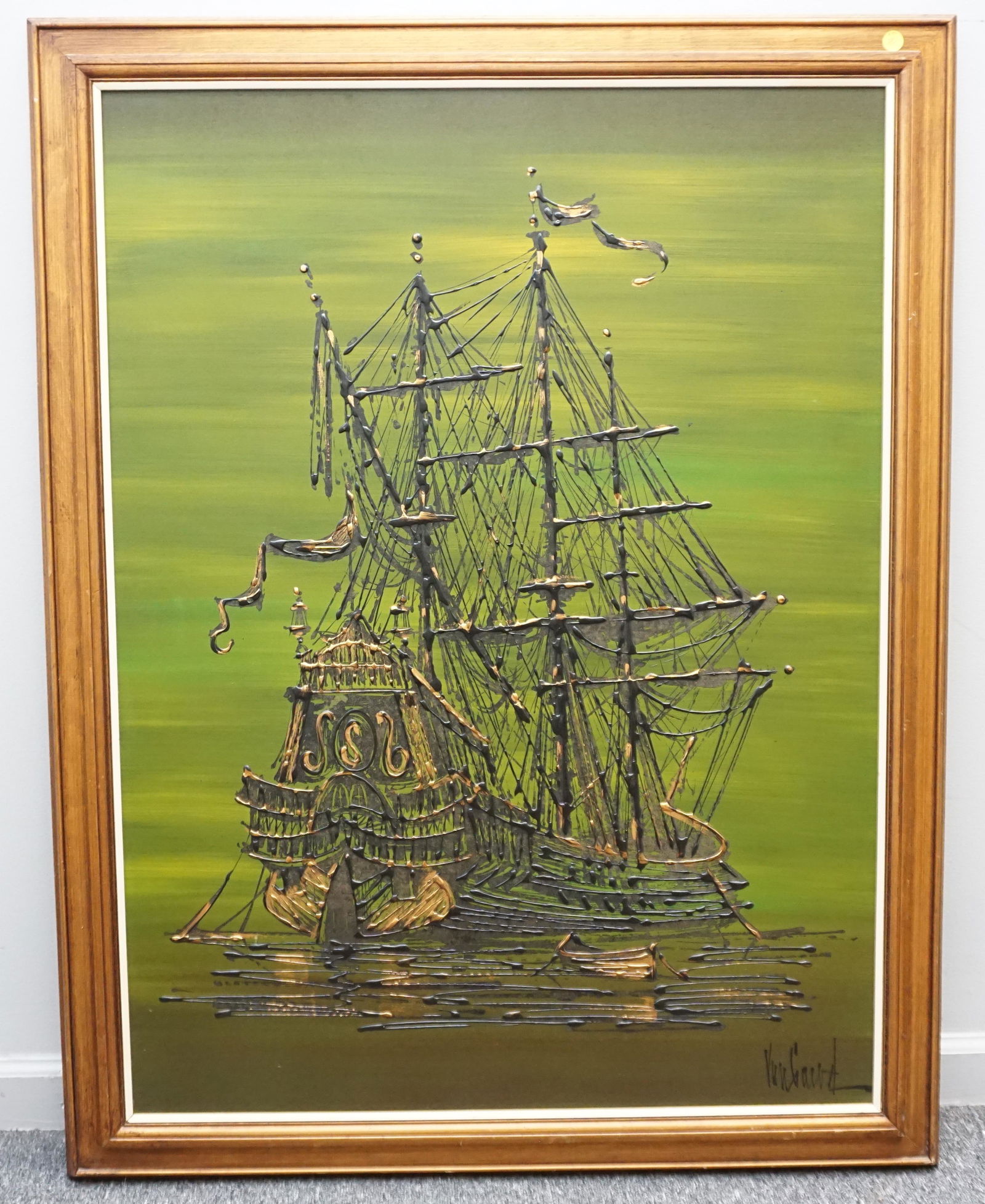 MID CENTURY SCHOONER PAINTING VANGUARD STUDIOS: Vintage 1960s Original Painting by Van Gaard retailed at Vanguard Studios, Beverly Hills, California. In frame measures 45"x35"x2". Weight 11 pds. PROVENANCE: A Private Charleston SC Estate. NO IN HOU