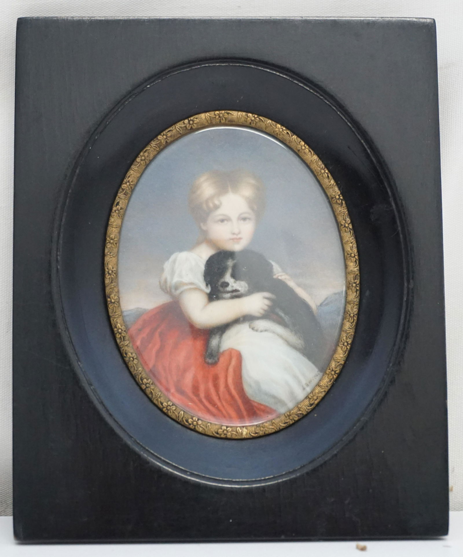 ANTIQUE WATERCOLOR GOUACHE MINIATURE GIRL WITH SPANIEL (1 of 4)