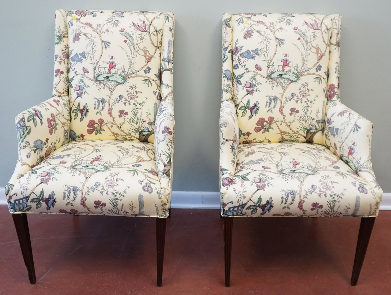 PAIR QUEEN ANNE STYLE CHINOISERIE CHAIRS: Pair Queen Anne Style Wing Chairs with Chinoiserie Upholstery. Each 22"x27"x42h. PROVENANCE: A Charleston Private Estate. NO IN HOUSE SHIPPING. *******Shipping on this item offered through, UPS (843) 