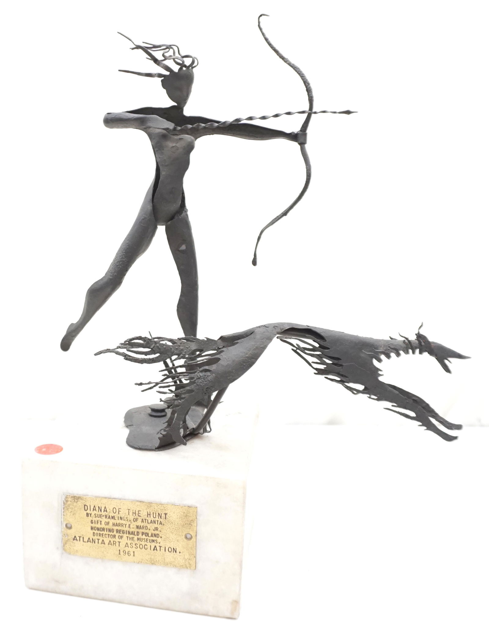 SUE RAWLINGS (1924-2000) SCULPTURE: Sue Rawlings (American, 1924-2000), "Diana of the Hunt", 1961, patinated metal on marble base, signed and dated in ink on marble reverse, artist name, date, and title inscribed on "Atlanta Art Associa