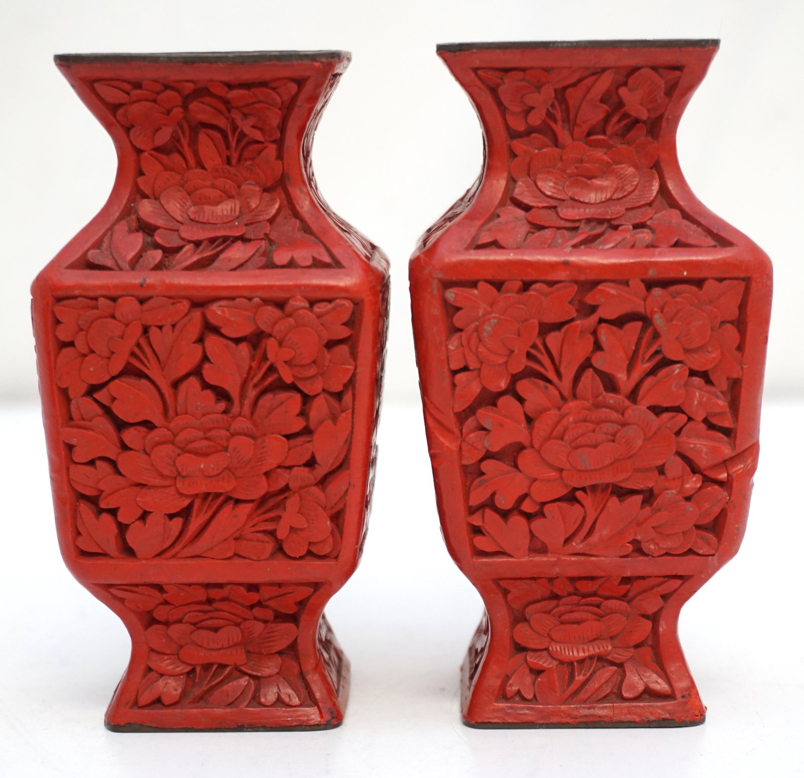 PAIR CHINESE CINNABAR CARVED VASES: Pair of Small Chinese Carved Cinnabar Vases. Each 4". Weight 10 oz. PROVENANCE: A Private Charleston SC Estate.