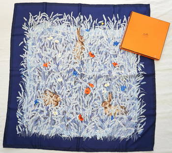 HERMES PARIS "LES BLES" SILK SCARF: Percect for Spring! Hermes Paris "Les Bles" Rabbit & wheat dark blue large scarf. The design was drwan by Hugo Grygkar first issued in 1955 and re-issued in 1990/1998/2006. The piece is in very good c