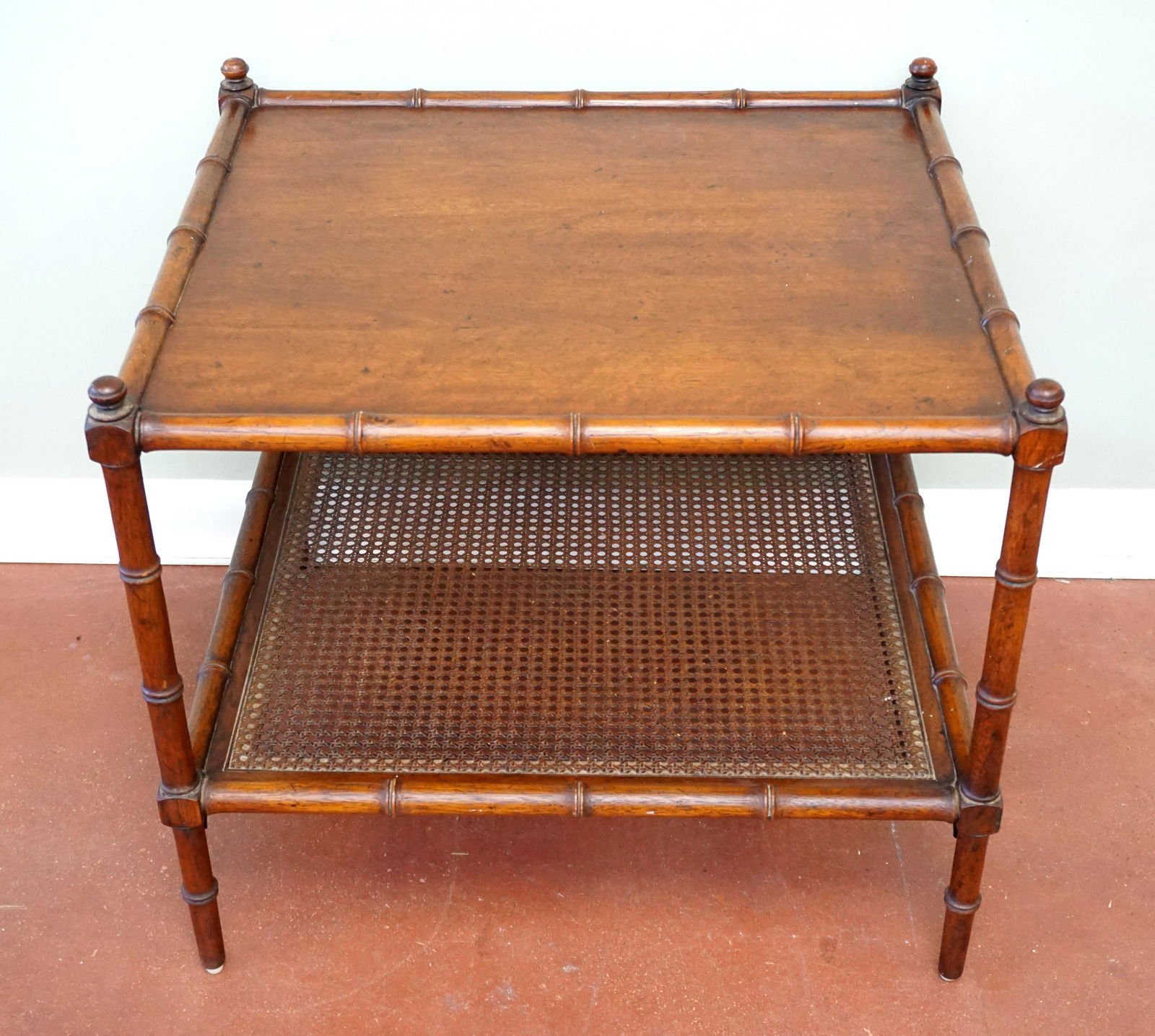 MID 20TH CENTURY HENREDON WALNUT BAMBOO & CANE TWO-TIER ACCENT TABLE (1 of 10)