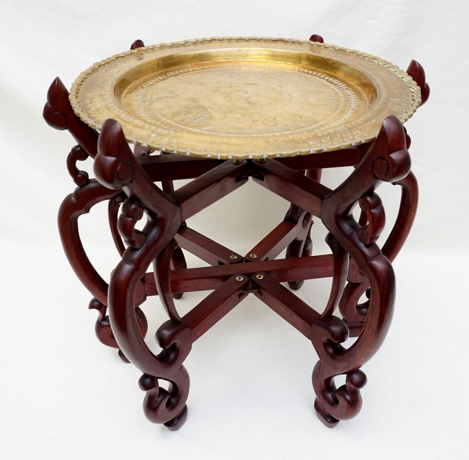 BRASS TRAY TOP WOOD BASE FOLDING SIDE TABLE (1 of 11)