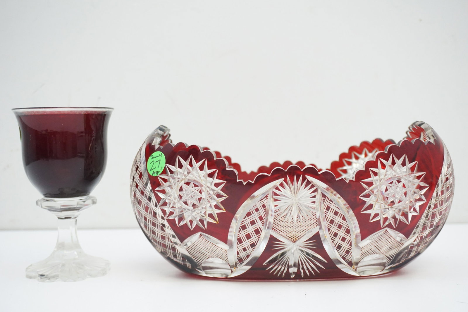 2 PC ANTIQUE CUT RUBY TO CLEAR GLASS BOWL & GOBLET: Antique Cut Glass Goblet / Wine. Clear Cut Foot and Rim 5.25". Bohemian Ruby Cut to Clear Centerpiece Bowl .9.25"x5'50"x5". Weight 3 PDS 6 OZ. PROVENANCE: The Audubon Gallery, King Street, Charleston 