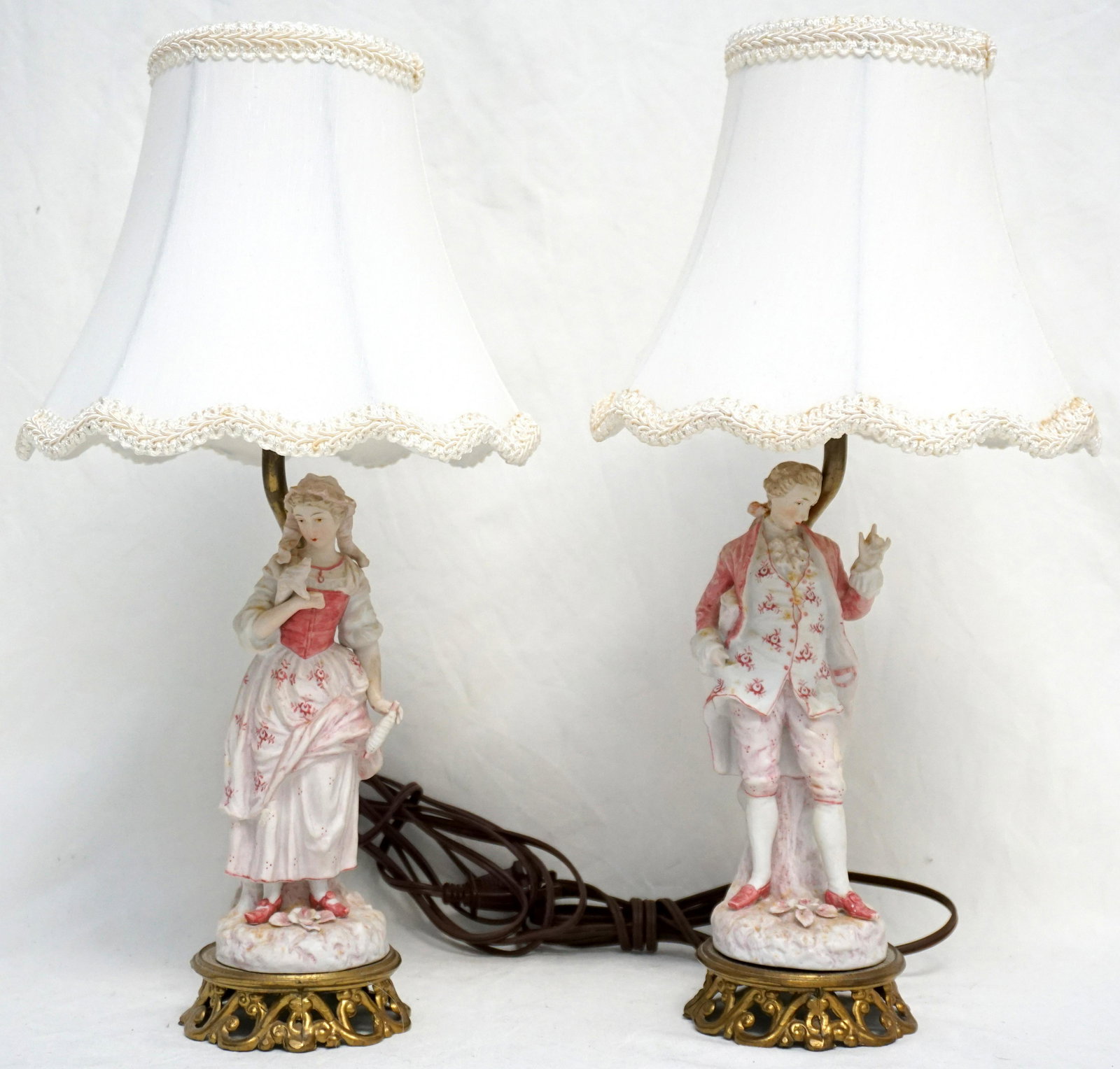 PAIR ANTIQUE FIGURAL  PORCELAIN BOUDOIR LAMPS (1 of 10)