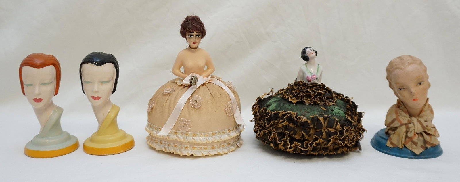 5 ART DECO ANTIQUE HALF DOLL PIN CUSHIONS + MORE (1 of 9)
