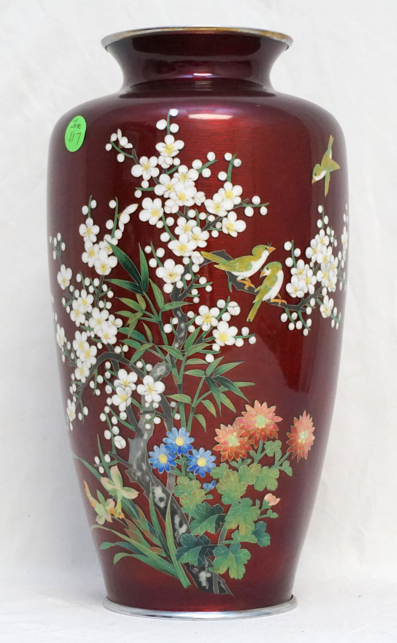 LARGE JAPANESE MEIJI RED GINBARI CLOISONNE VASE: Large Japanese Meiji Red Ginbari Cloisonne Vase. 6"x6"x12'. Weight 4 pds 12 oz.