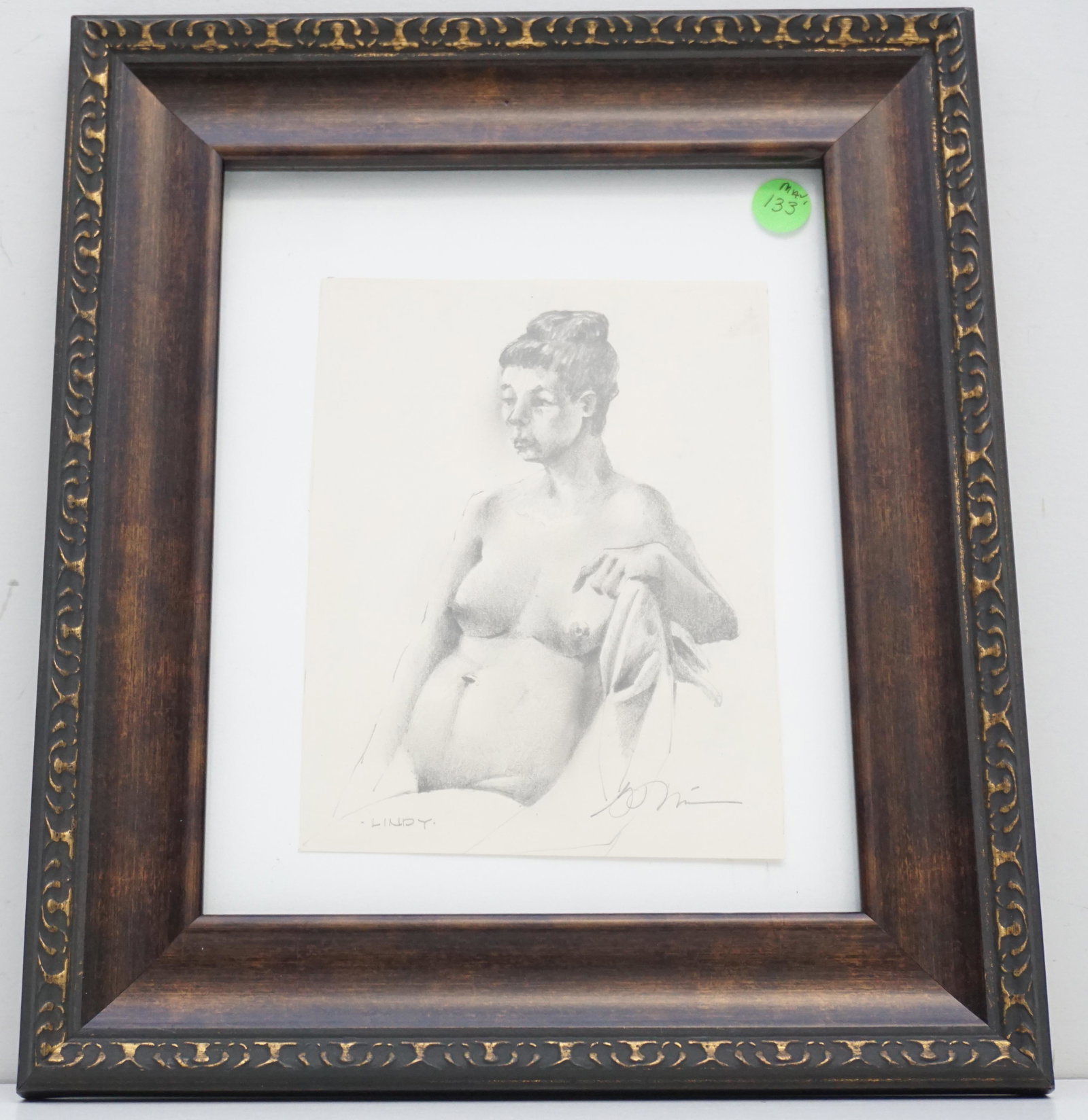 GARY MILES NUDE "LINDY" GRAPHITE ON PAPER: Original Gary Miles, Postwar & Contemporary Artist, Original Graphite on Paper Nude "Lindy". Image 6"x7.5". In Frame 14"x12"x1. Weight 1 pds PROVENANCE: A Private Charleston SC Estate. Born: Denver, C