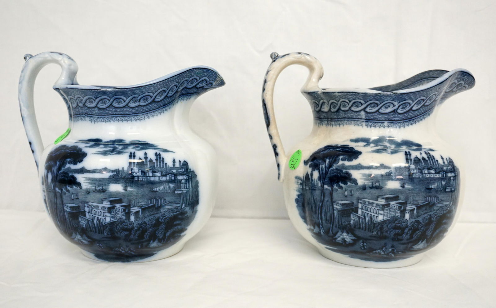 PAIR ANTIQUE FLOW BLUE PITCHERS (1 of 11)