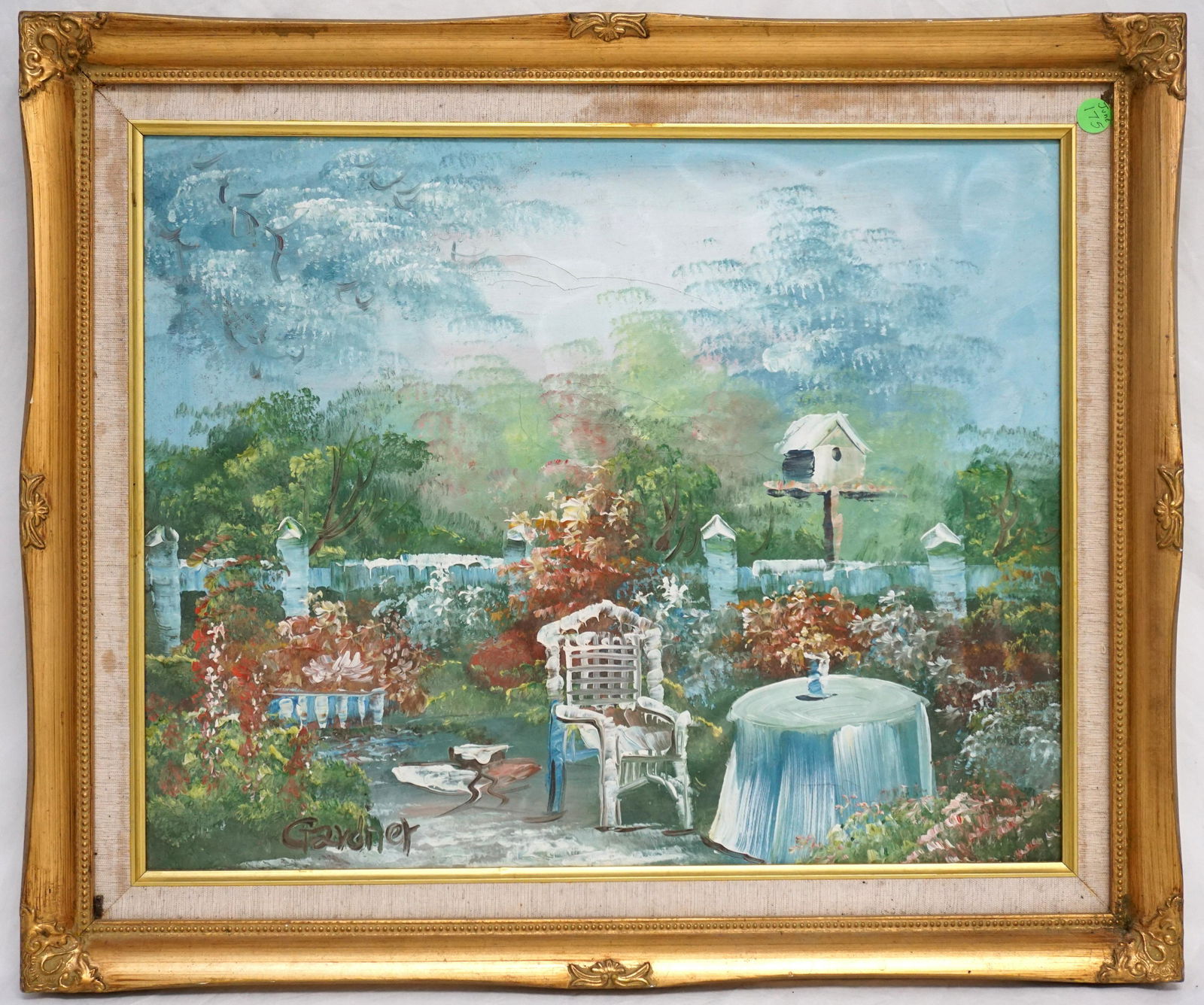 SUMMER GARDEN PAINTING SIGNED GARDNER: Vintage Summer Garden Painting in Gilt Frame with linen liner signed lower left Gardner. 25"x20"x1. Weight 4 pds.