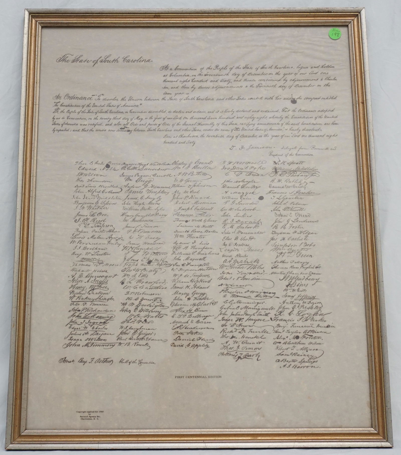 CIVIL WAR -- SOUTH CAROLINA ACT OF SECESSION (1 of 6)