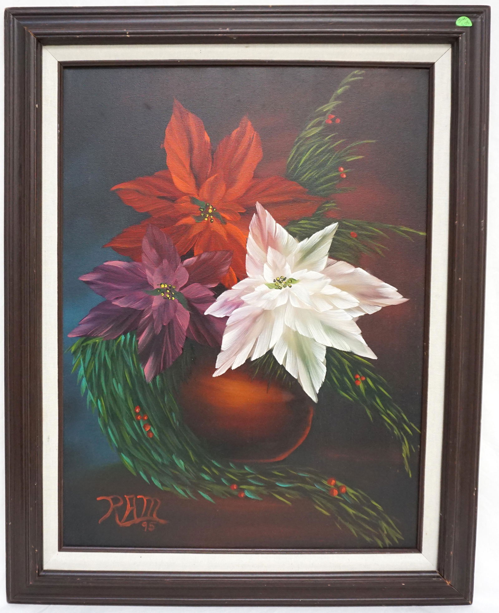 POINSETTIA OIL ON CANVAS SIGNED RAM: Poinsettia Oil on Canvas signed lower left RAM. Iframe. with linen liner. Measures 30"x24"x2". Weight 3 pds. PROVENANCE: A Private Charleston SC Estate.
