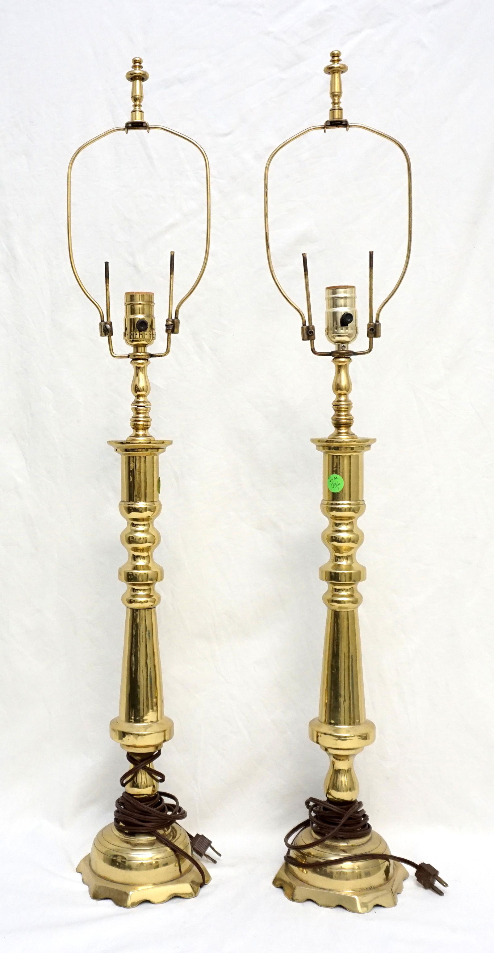 PAIR VINTAGE TALL CANDLESTICK BRASS LAMPS (1 of 7)