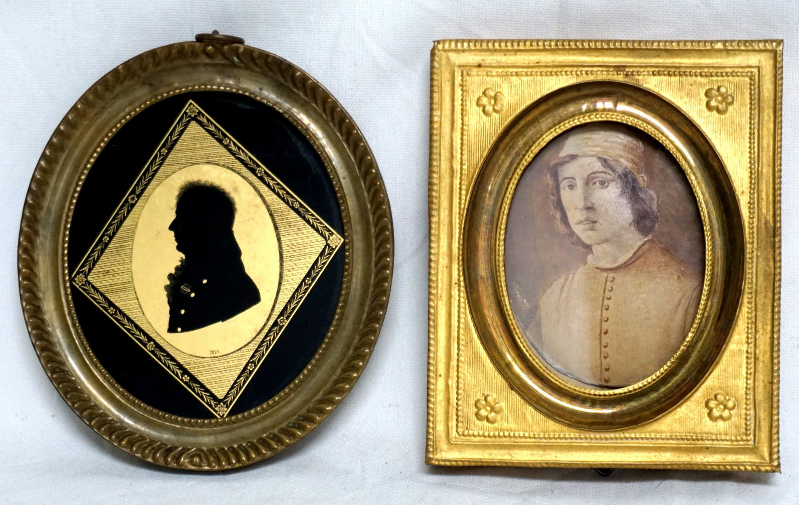 2 ANTIQUE 18TH C SILHOUETTE & MINIATURE: 1 - Nardelli (Italian, active 1770-1799), "An Italian Renaissance Gentleman", miniature watercolor, signed left, period label "Ritratto diMasaccio Nardelli Copio" en verso, in frame. 4" x3.25" . 2- 18