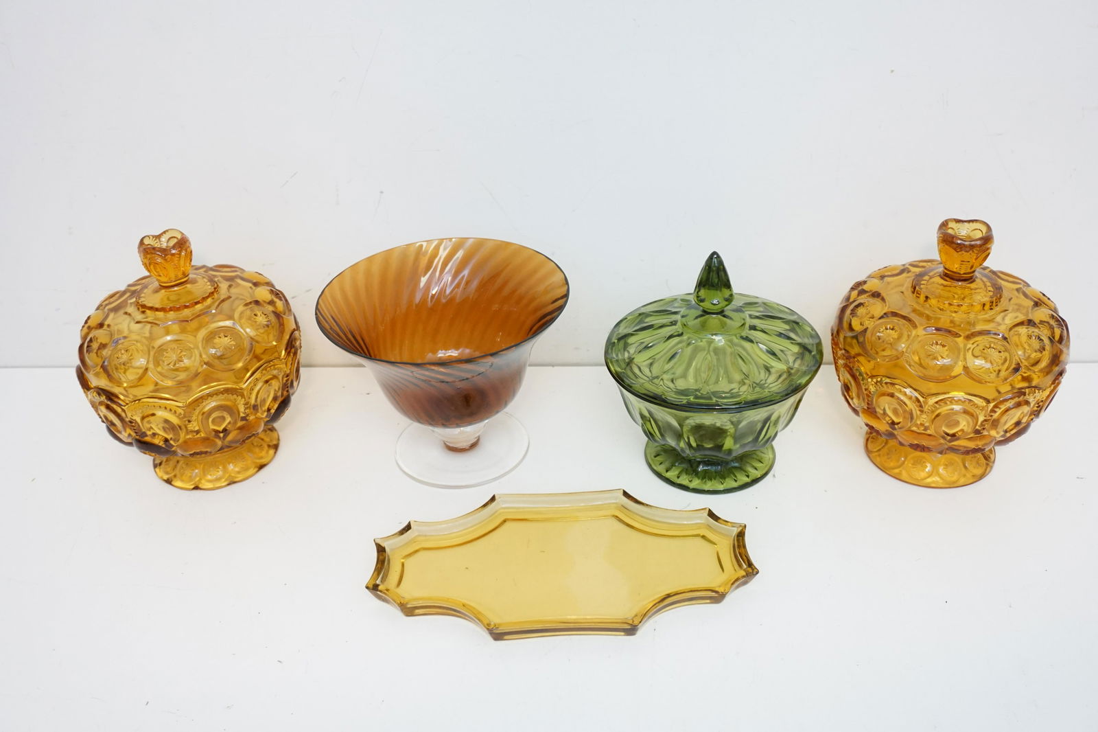 5 PC VINTAGE GLASS LIDDED COMPOTES - TRAY - BOWL (1 of 5)
