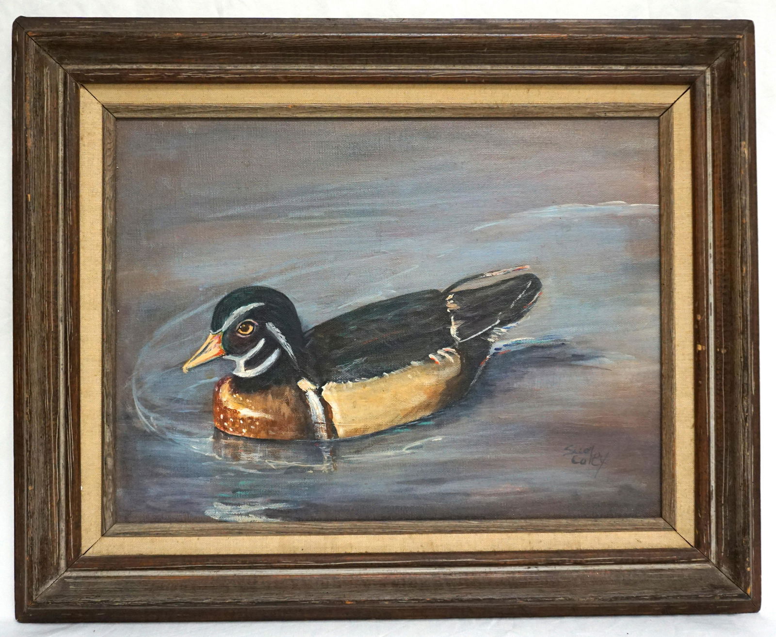 VINTAGE WOOD DUCK ON CANVAS SIGNED: Vintage Wood Duck Oil on Canvas, signed right Coley. Wood Frame with linen liner, 21"x17"x2". Weight 3 pds.