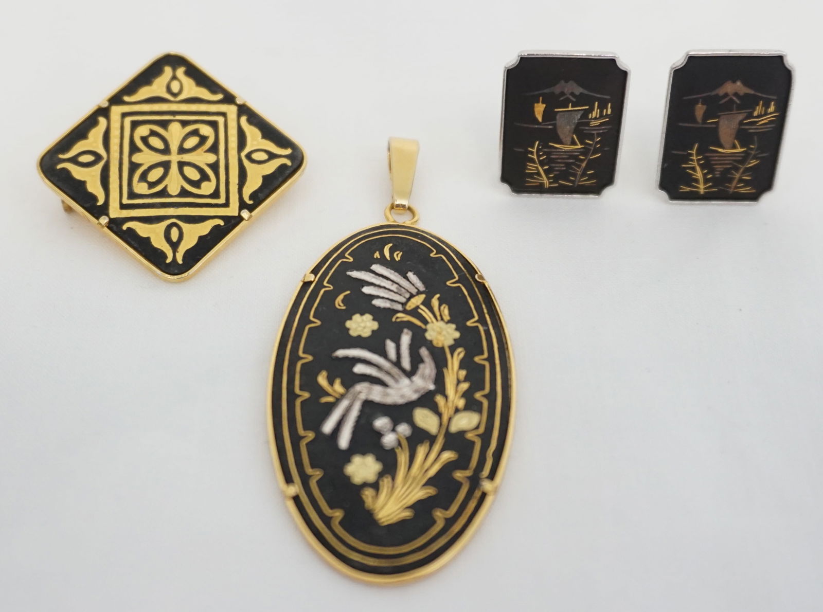 3 pc DAMASCENE BROOCH + PENDANT + EARRINGS (1 of 5)