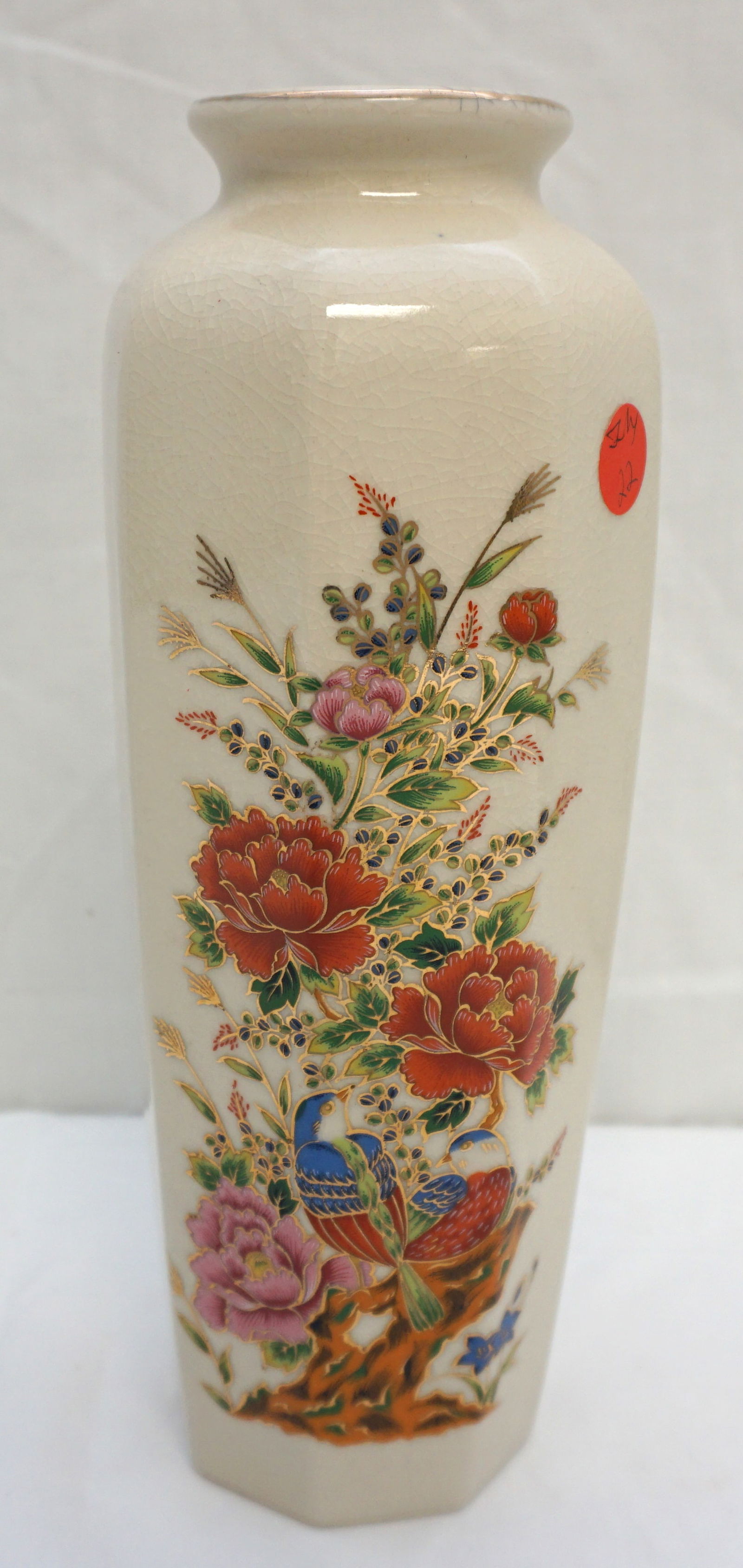 VINTAGE JAPANESE BIJUTSU TOKI VASE: Vintage Japanese Hand Painted Vase. With the mark for Bijutsu Toki. Meaning 'Art Ceramics'. Second half of 20th cent. ca 1970s. Satsuma looking crackled glaze. 10 1/2". Weight 1 pd 7 oz.