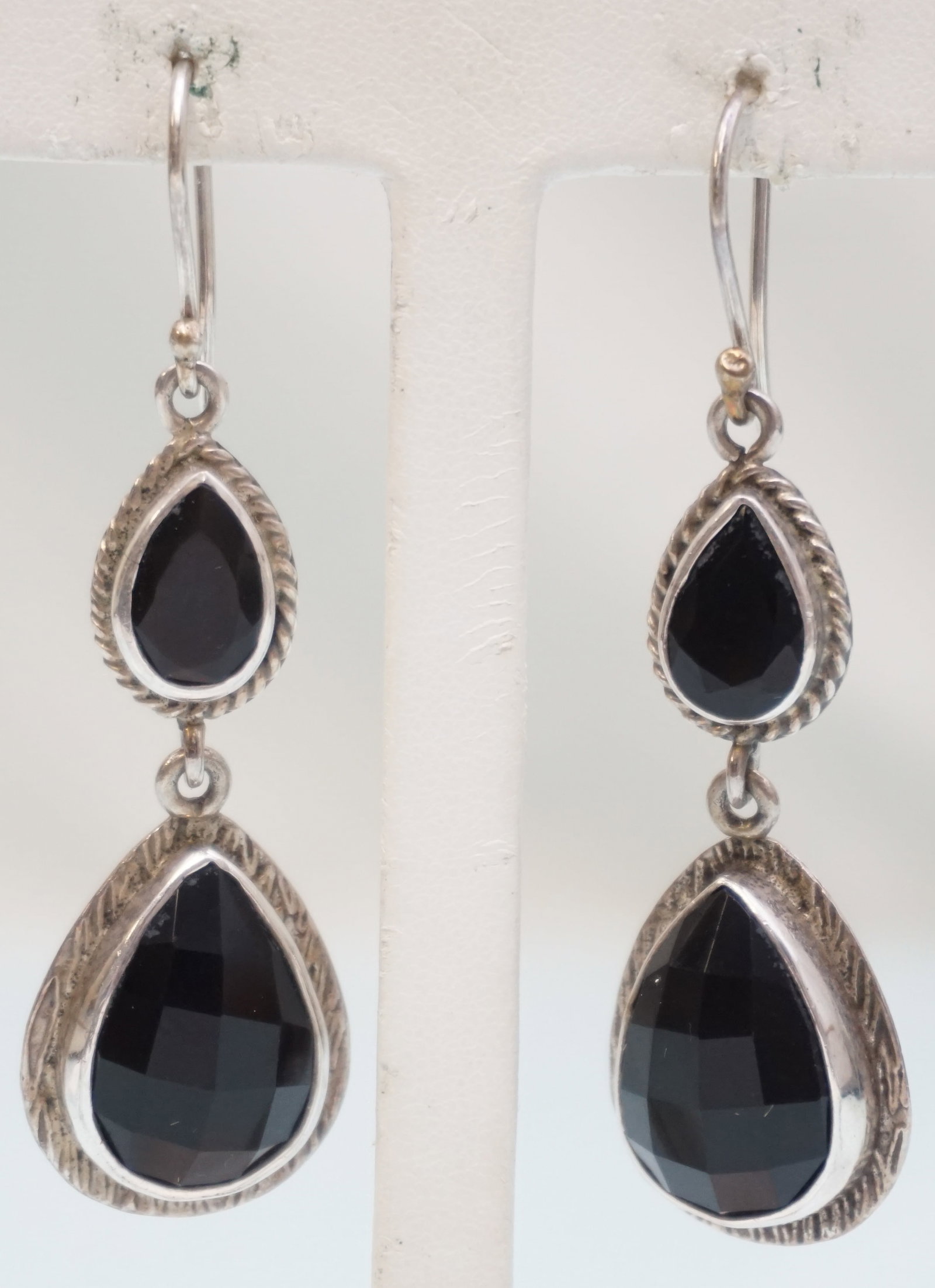 CHRIS HALE NAVAJO ONYX STERLING EARRINGS: Chris Hale Navajo Faceted Onyx Sterling Silver Pierced Earrings 2.50",