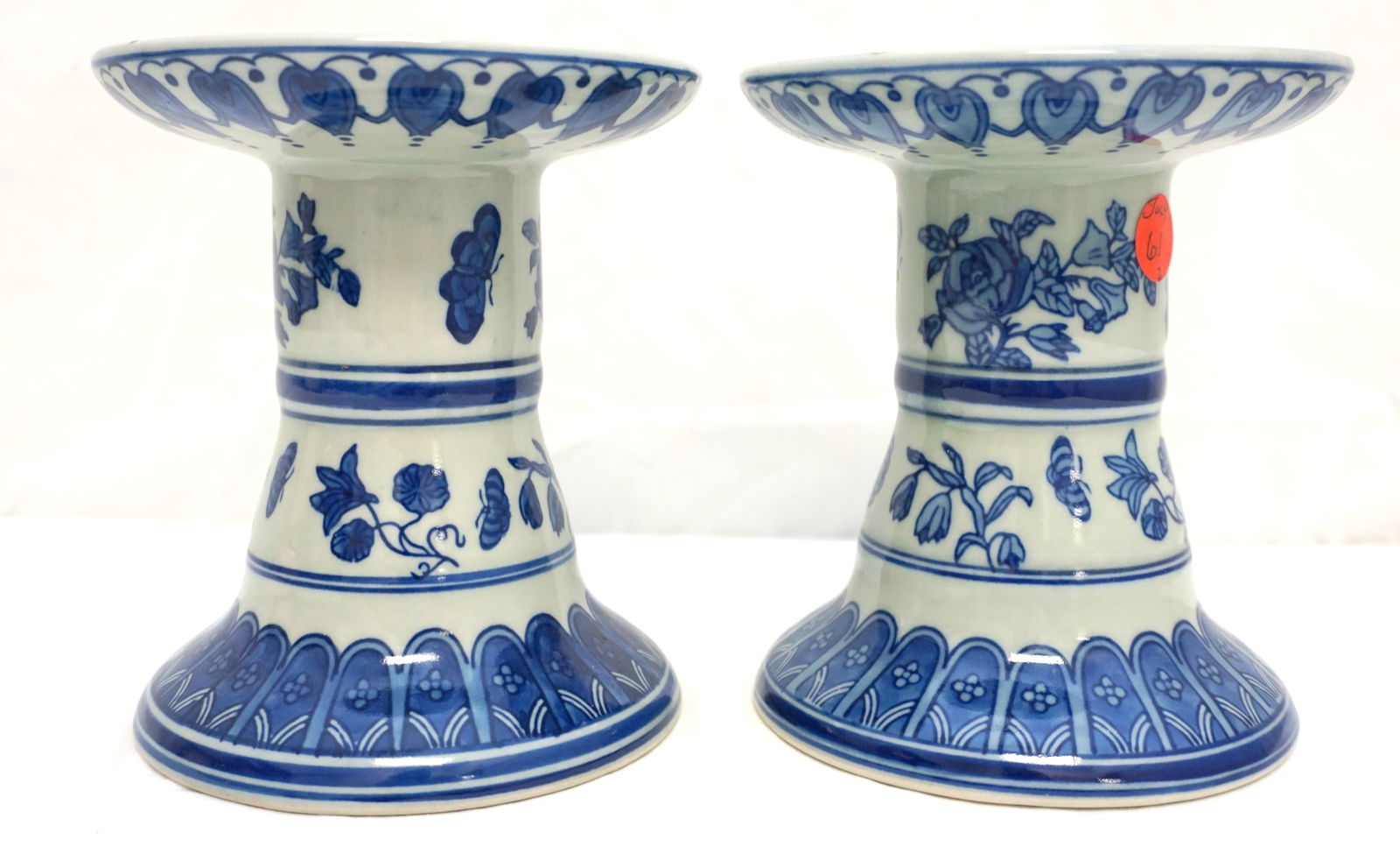 PAIR VINTAGE CELADON WITH BLUE CANDLE PILLARS: Pair Vintage Celadon Ground with Blue Candle Pillars. Each 5 1/2"x5 1/2"x6". Weight 3 pds 6 oz. PROVENANCE: A Charleston Private Estate