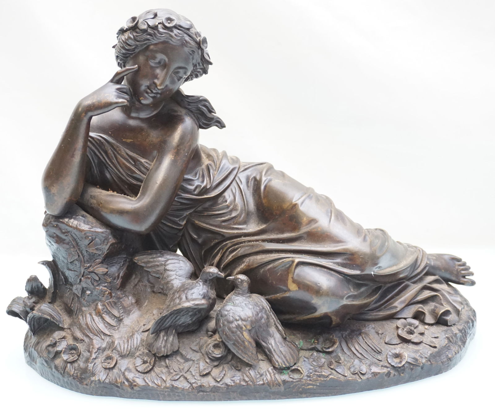 ANTIQUE BRONZE  RECLINING WOMAN WITH DOVES (1 of 9)