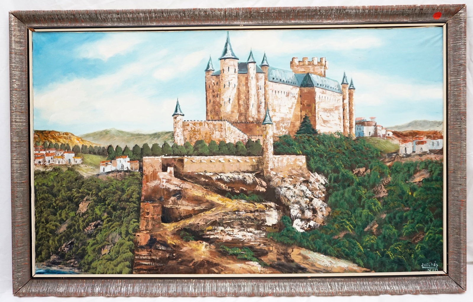 MCM CASTLE ALCAZAR SEGOVIA SPAIN OIL: Vintage 1970 Original Painting of The Alcazar of Segovia, located in the city of Segovia, in Castile and León, Spain, and constructed in the 12th century. Signed J. Valdes and dated 1970. Measures 43
