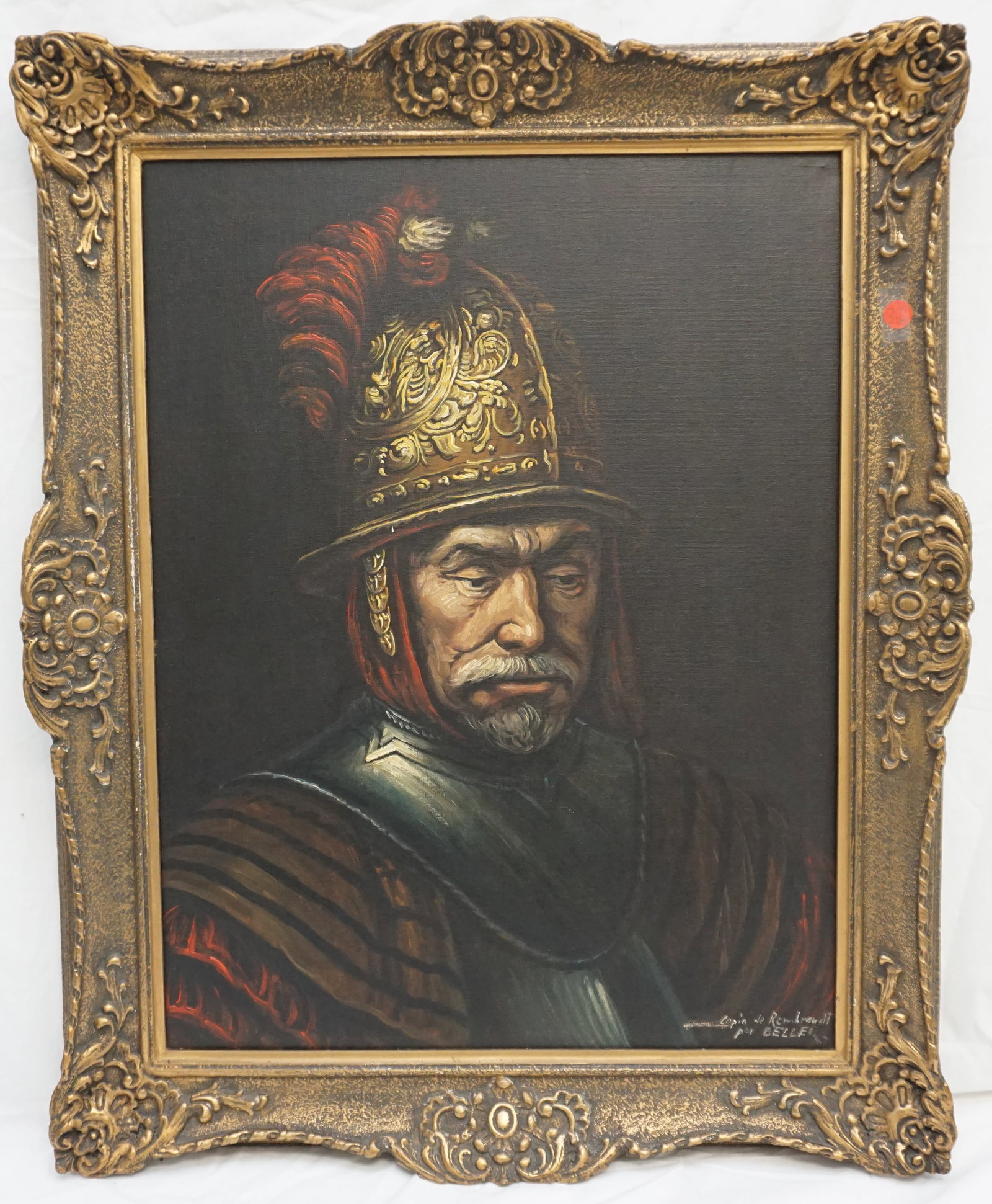 OIL ON CANVAS AFTER REMBRANDT SIGNED BELLER: Mid Century 1950-1960 Oil on Canvas after Rembrandt "Man with the Golden Helmet: signed Beller. In frame 31"x23"x2". Weight 6 pds. PROVENANCE: A Charleston Private Estate.